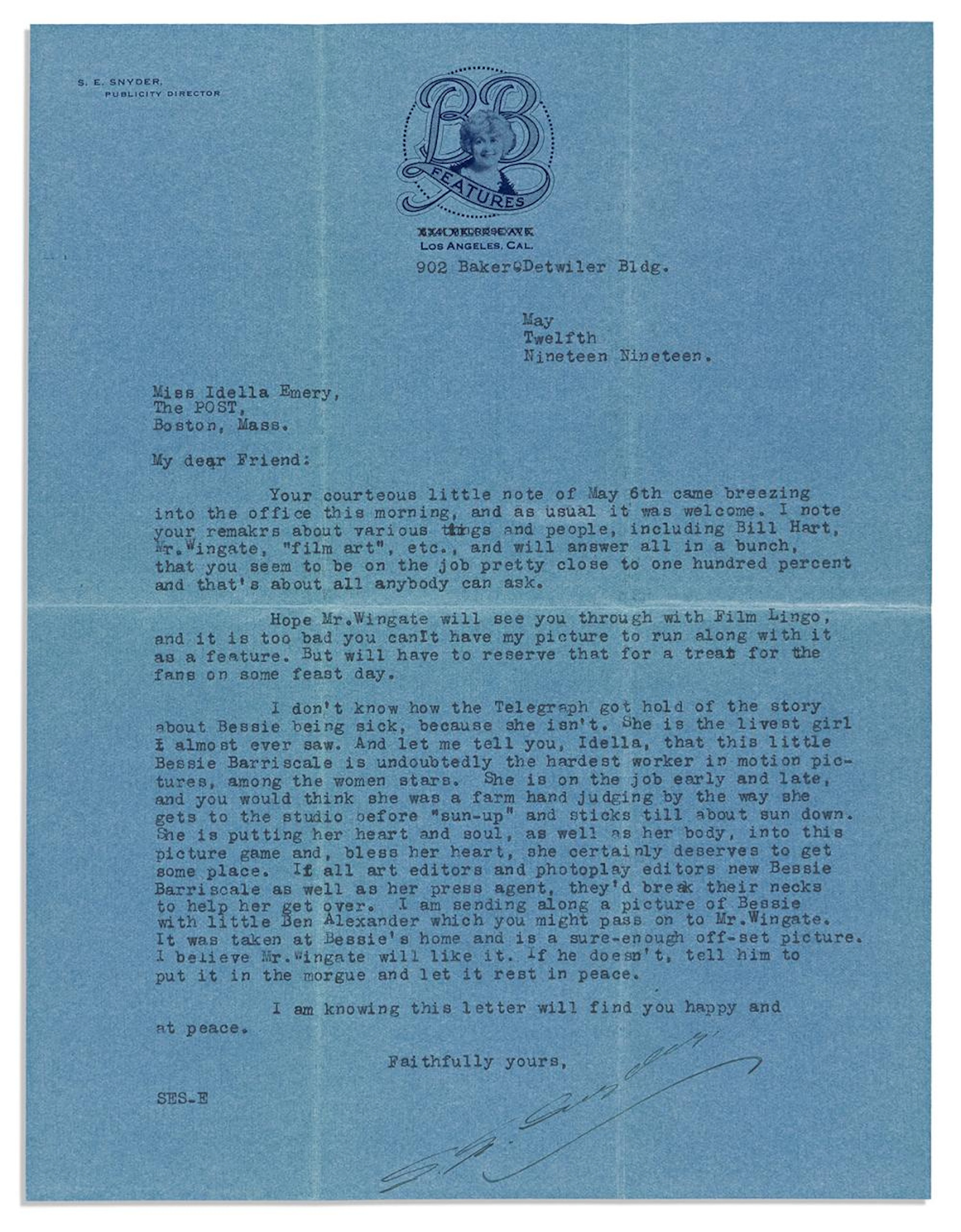 (FILM.) Correspondence of early Boston Post film columnist Idella Emery.