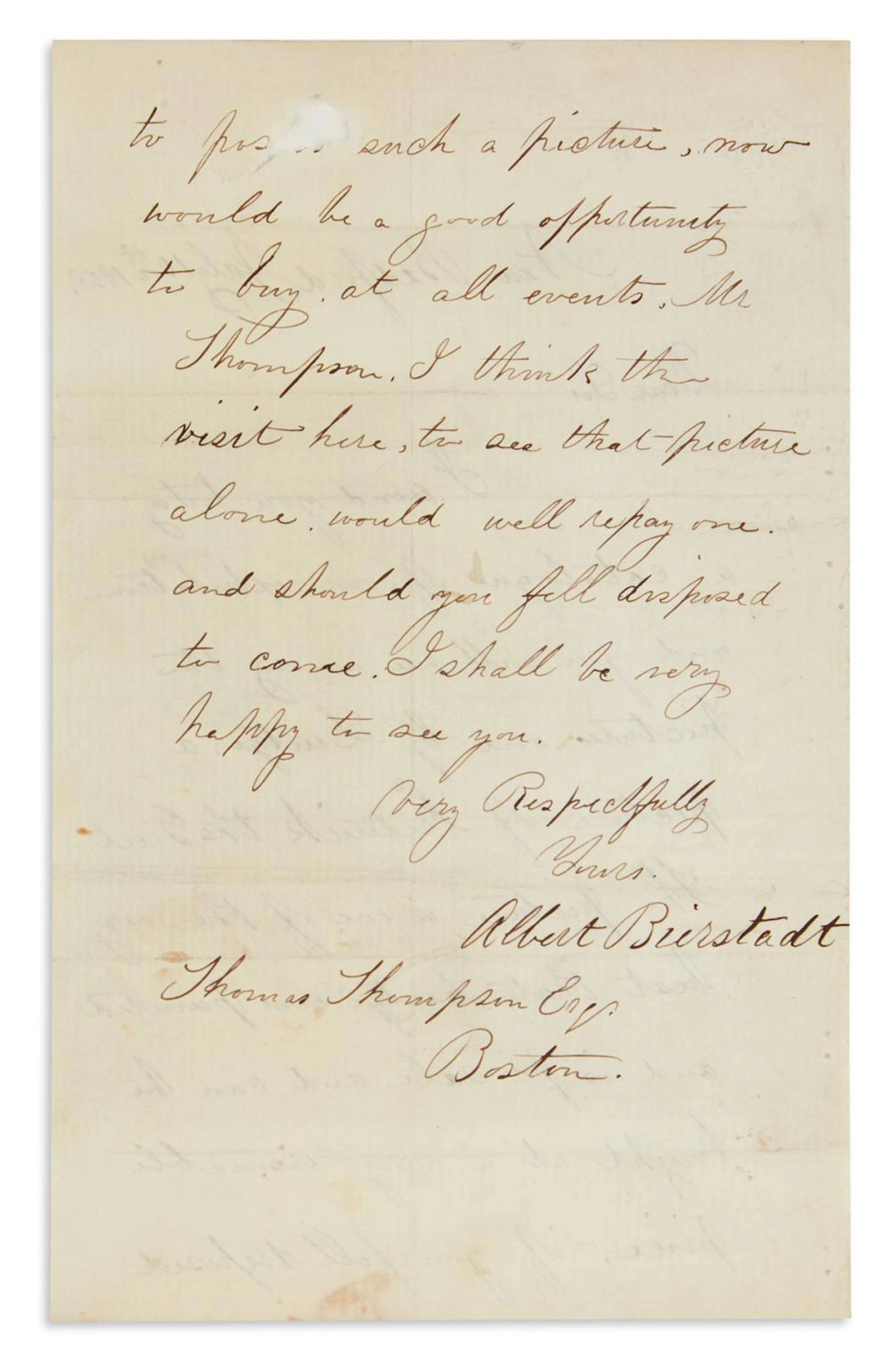 BIERSTADT, ALBERT. Autograph Letter Signed, to Thomas Thompson,