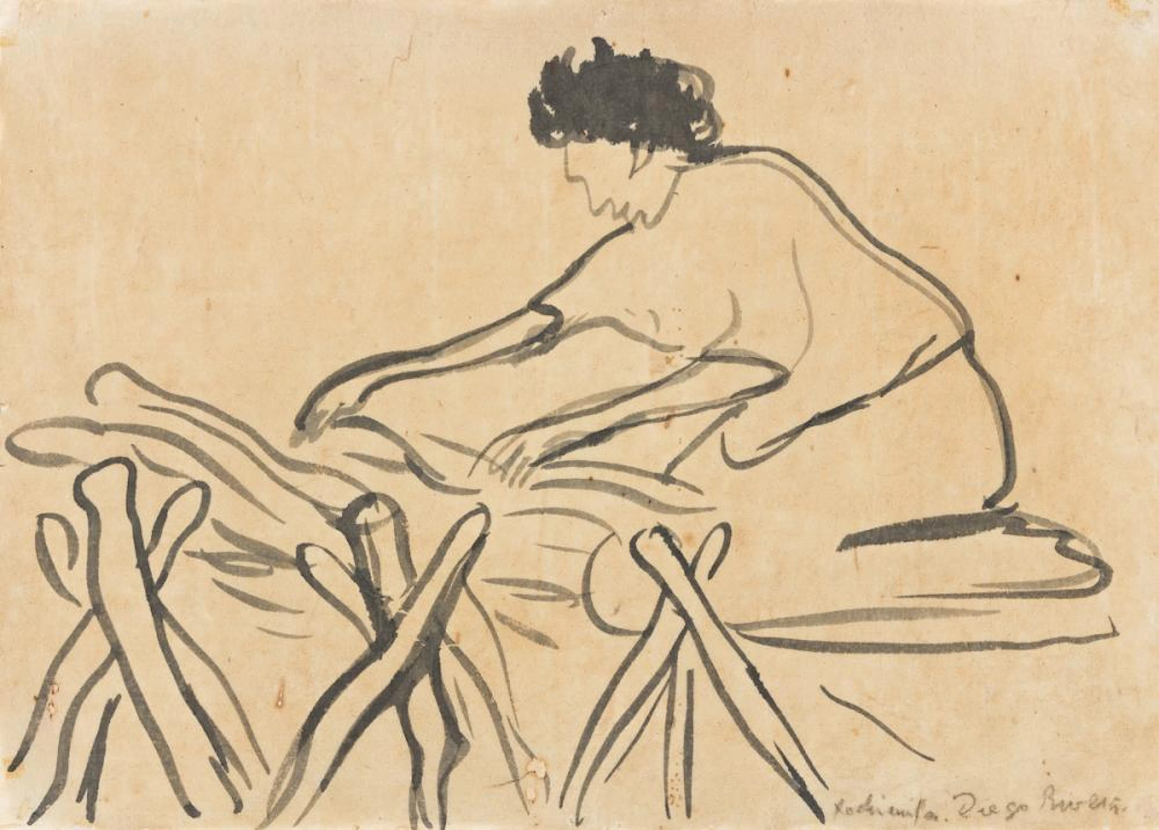 DIEGO RIVERA Mujer preparando la cama para dormir rústica del niño.