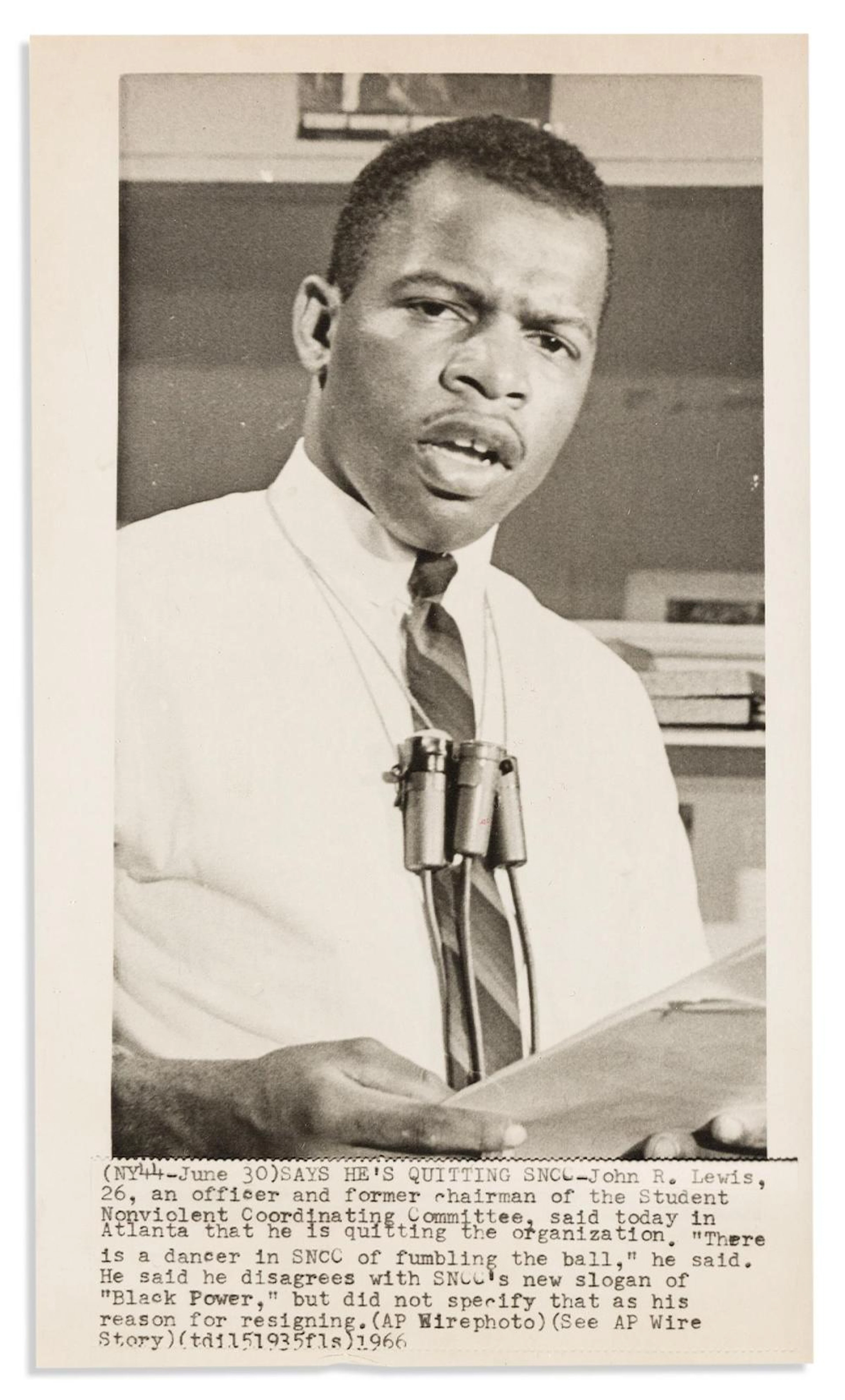 (CIVIL RIGHTS.) Press photograph of John Lewis resigning from SNCC.