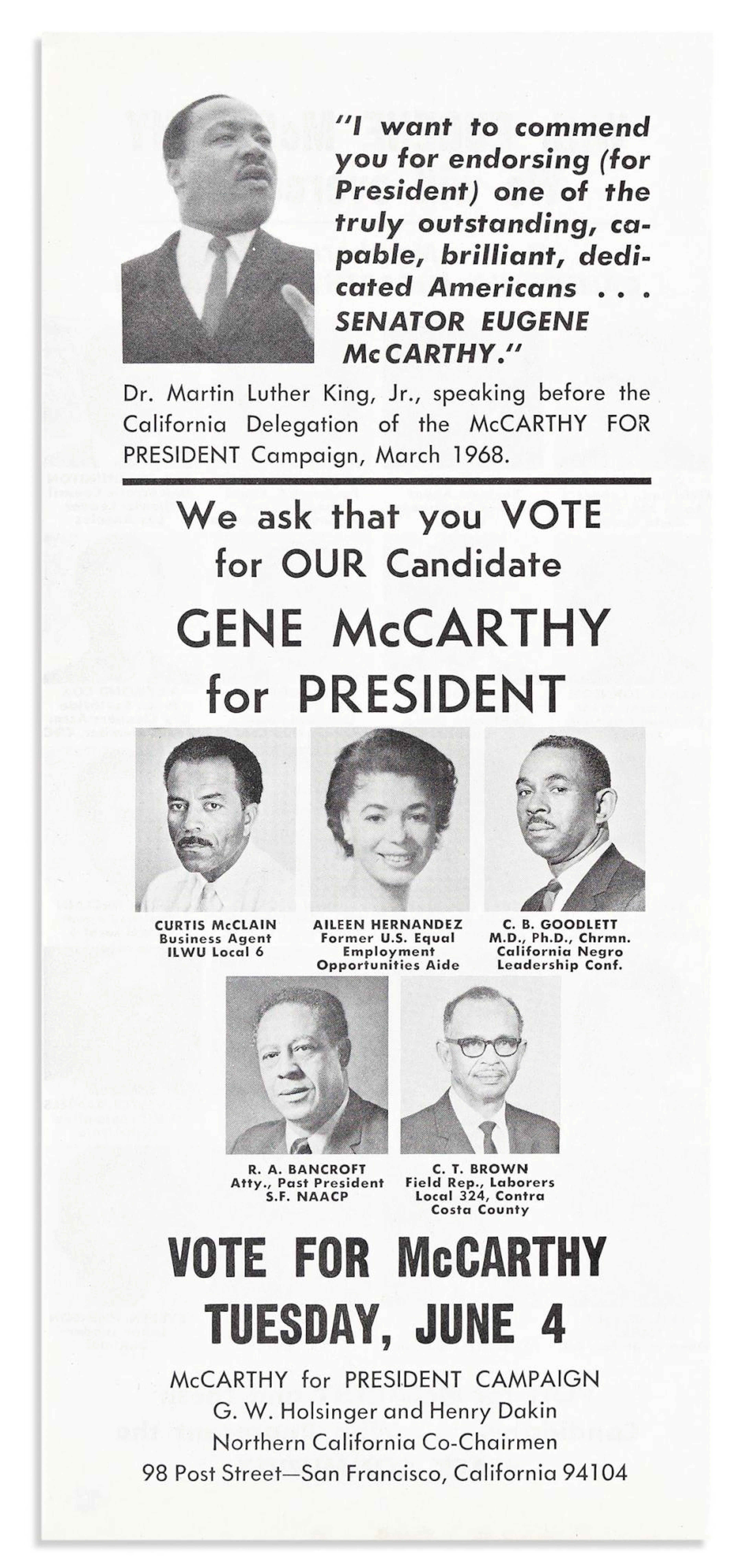 (MARTIN LUTHER KING.) Endorsement handbill for...