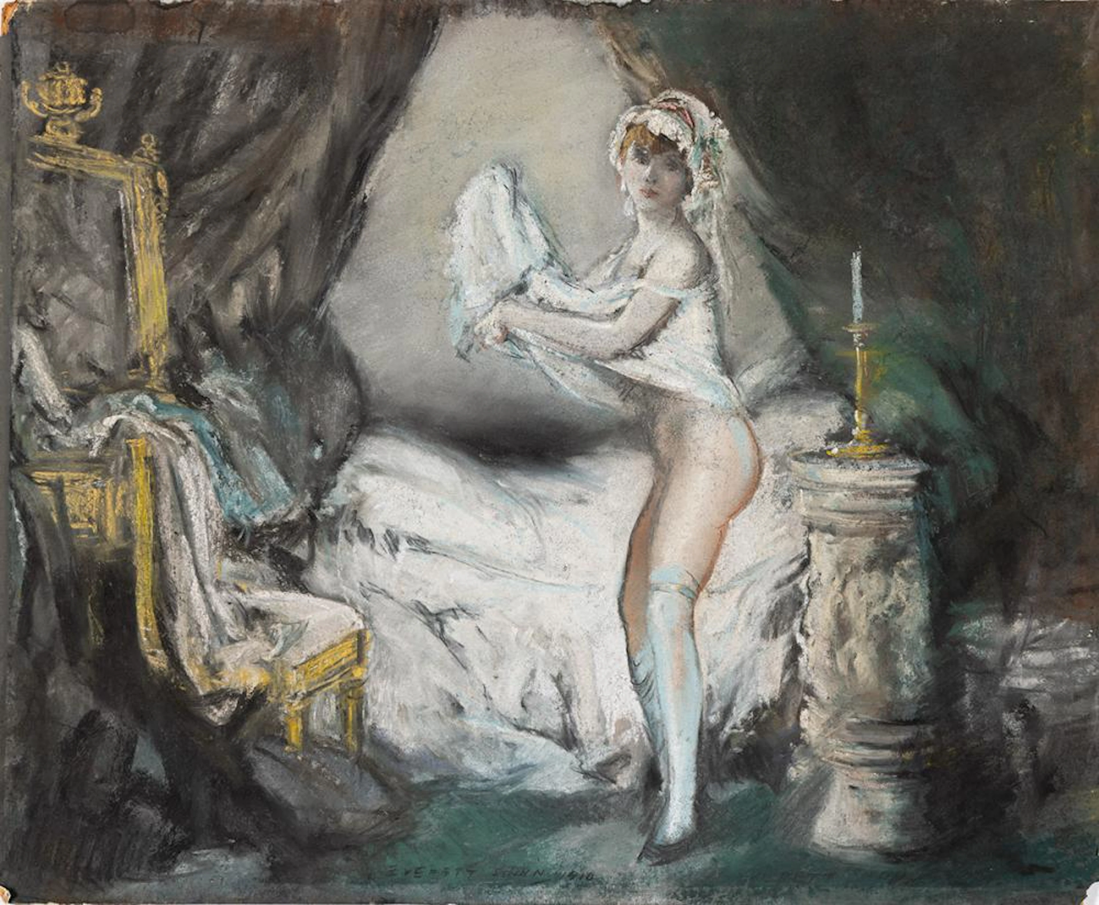 EVERETT SHINN Boudoir Scene with a Woman Undressing.