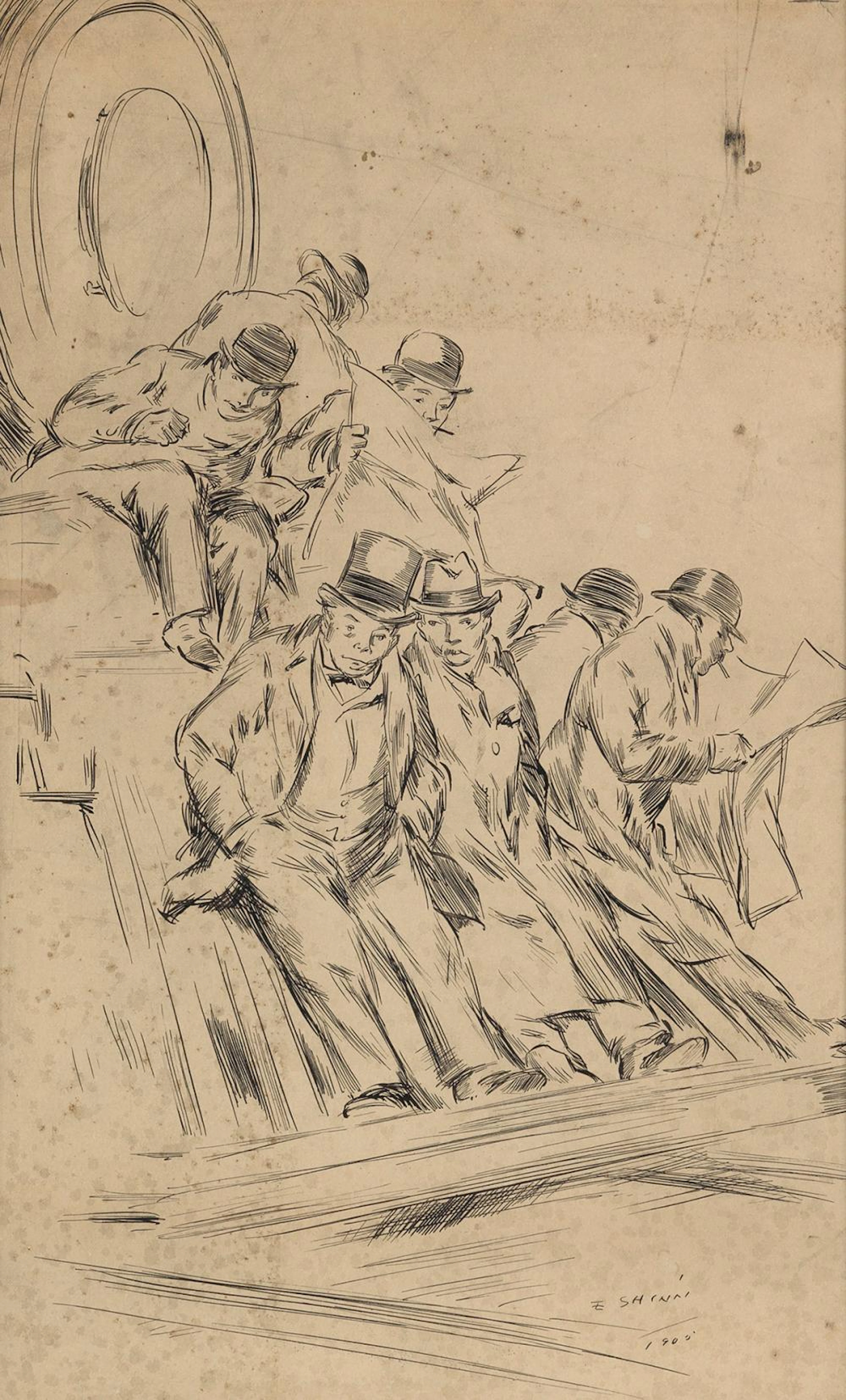 EVERETT SHINN The Commuters (Businessmen on the Front of a Railroad Locomotive).