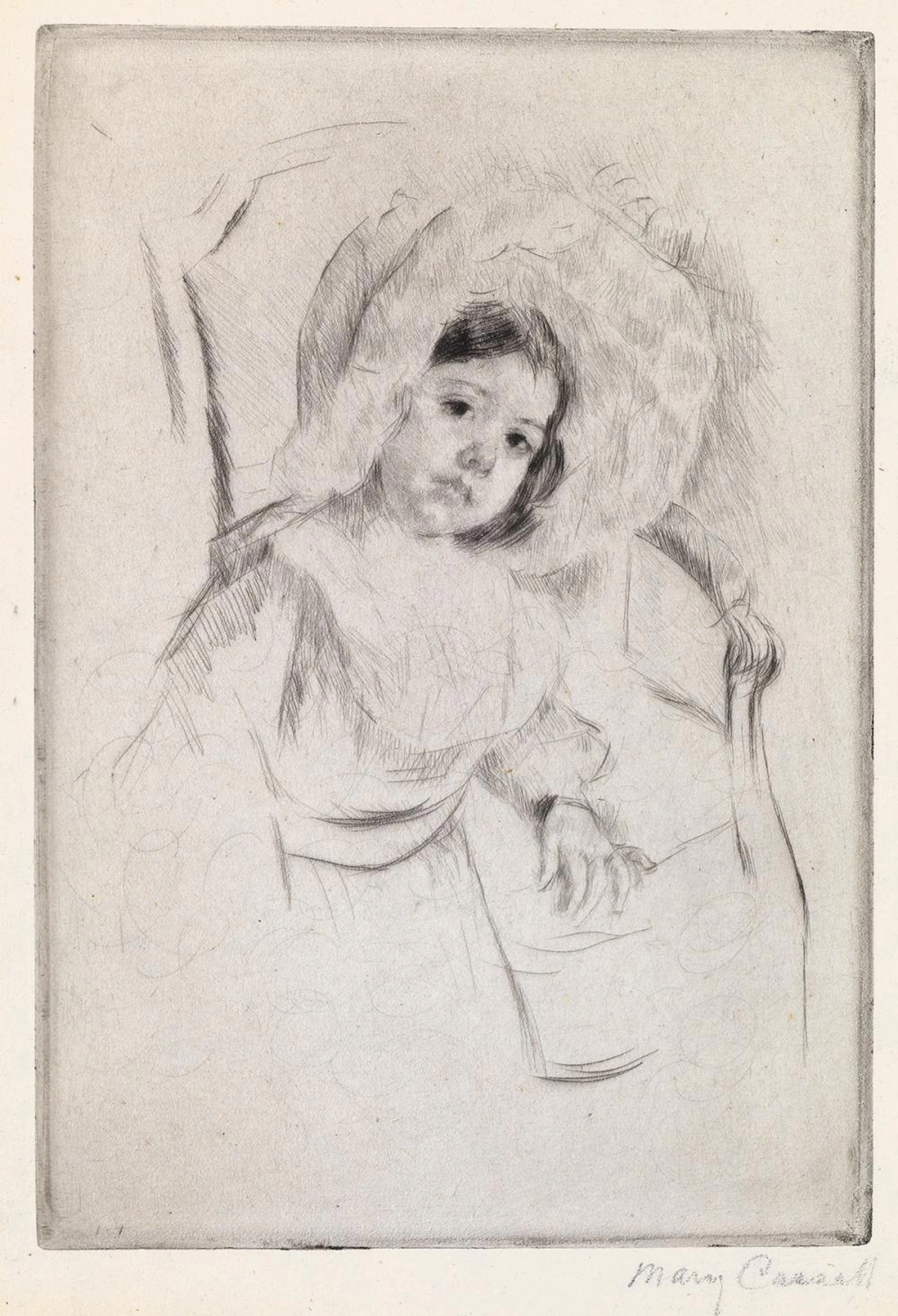 MARY CASSATT Margot in a Floppy Bonnet Leaning against a Chair.