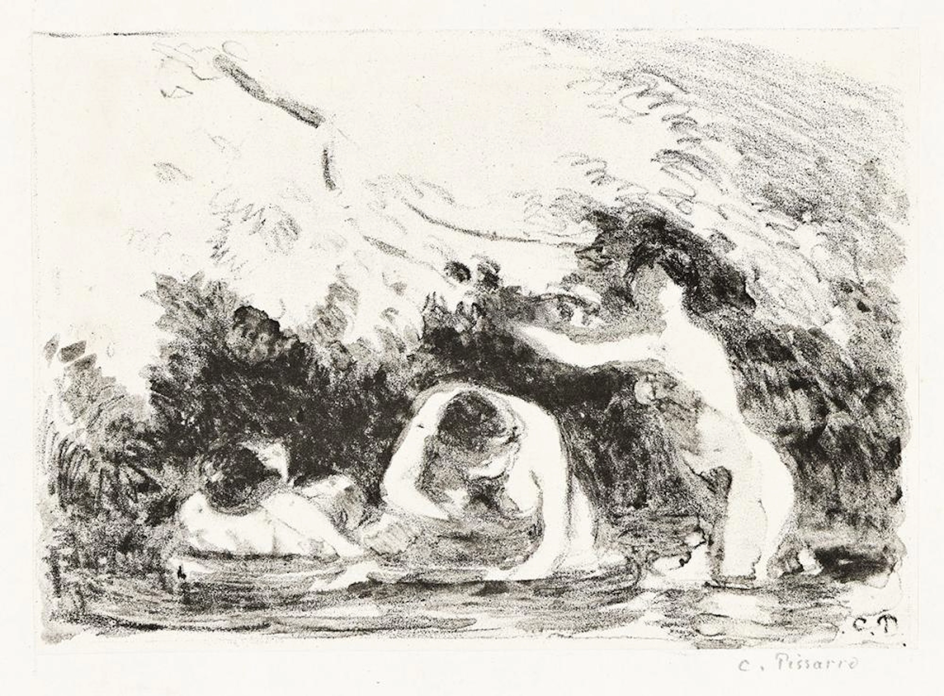 CAMILLE PISSARRO Baigneuses à l'ombre des berges boisées.