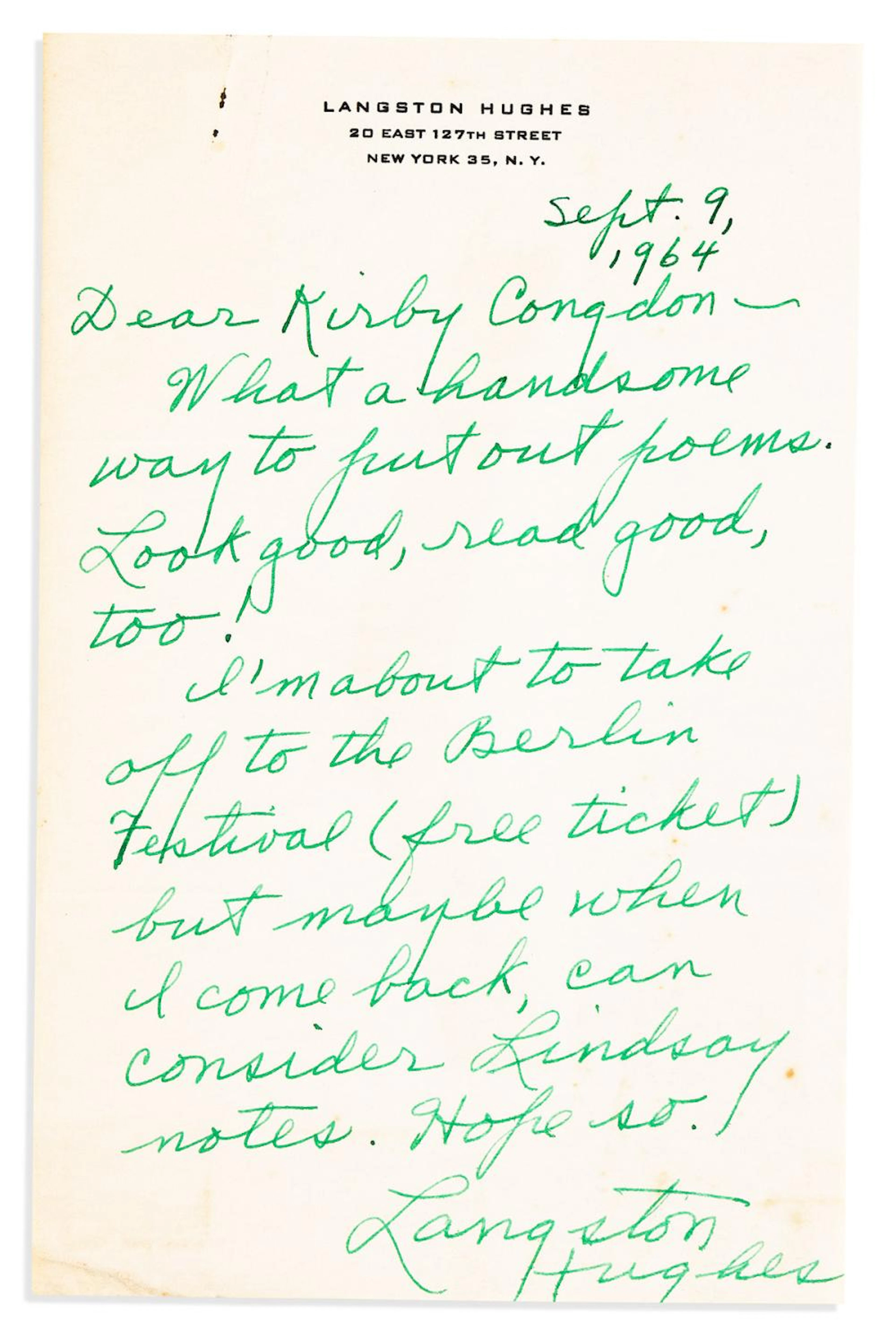 HUGHES, LANGSTON. Autograph Letter Signed, to poet Kirby Congdon, in green ink,