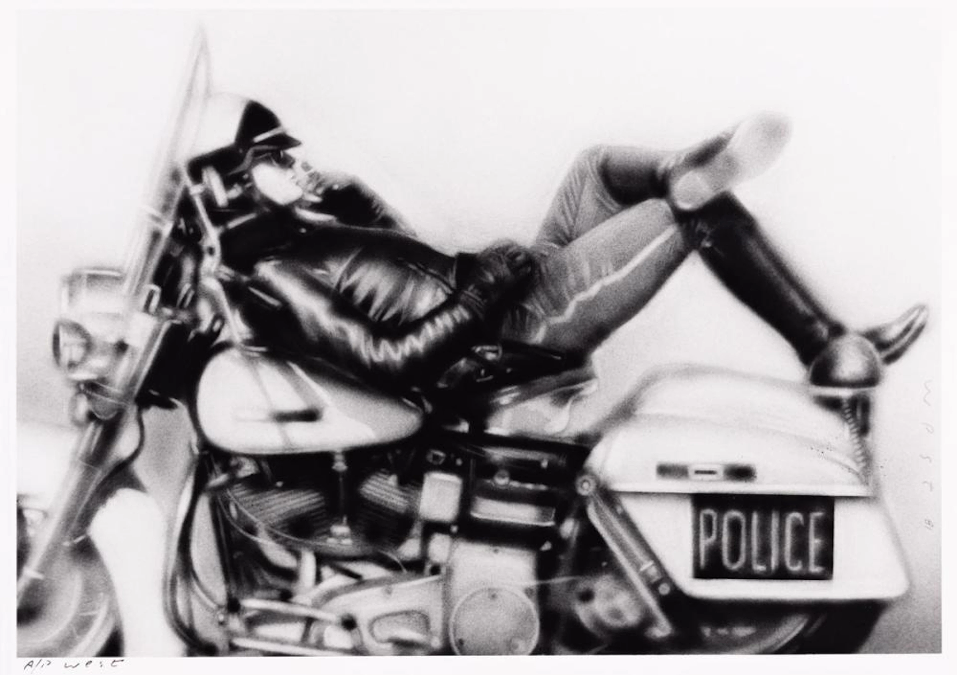 RANDAL (RANDY) WEST (DATES UNKNOWN) Reclining cop on motorcycle.