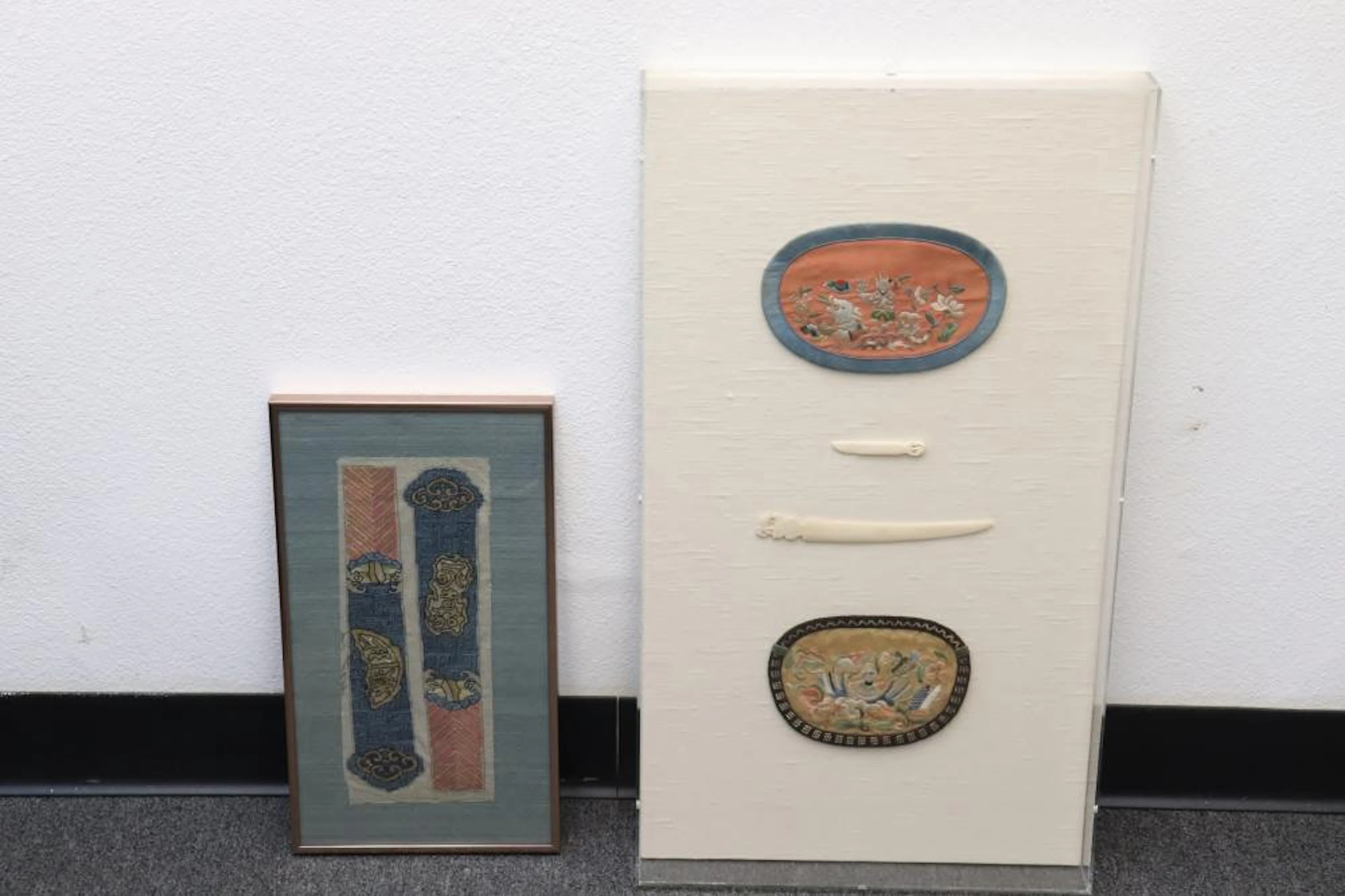 a 19th c. kesi fan sleeve, & 2 antique embroidery pouches
