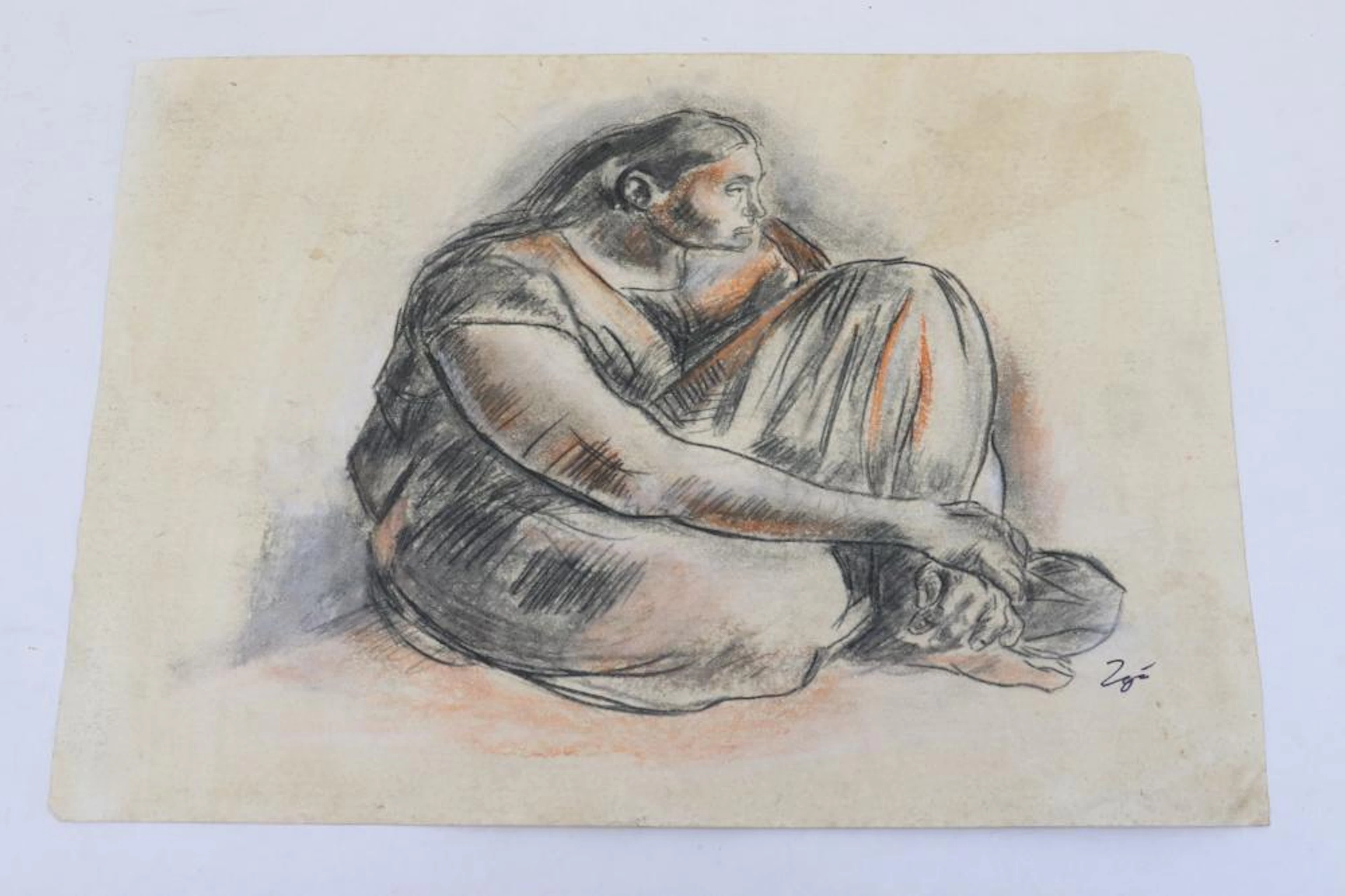 Color pencil/ charcoal on paper signed Zuniga