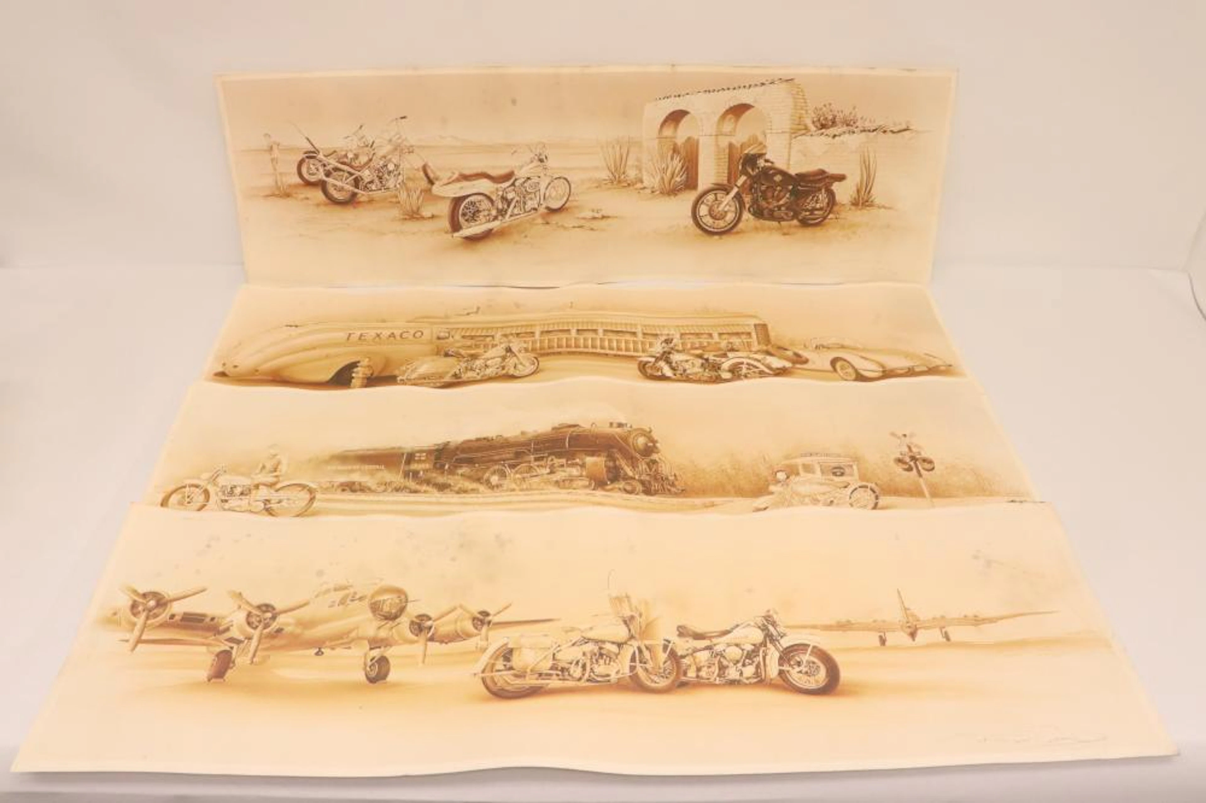 4 pencil signed lithos of classic cars & motorcycles