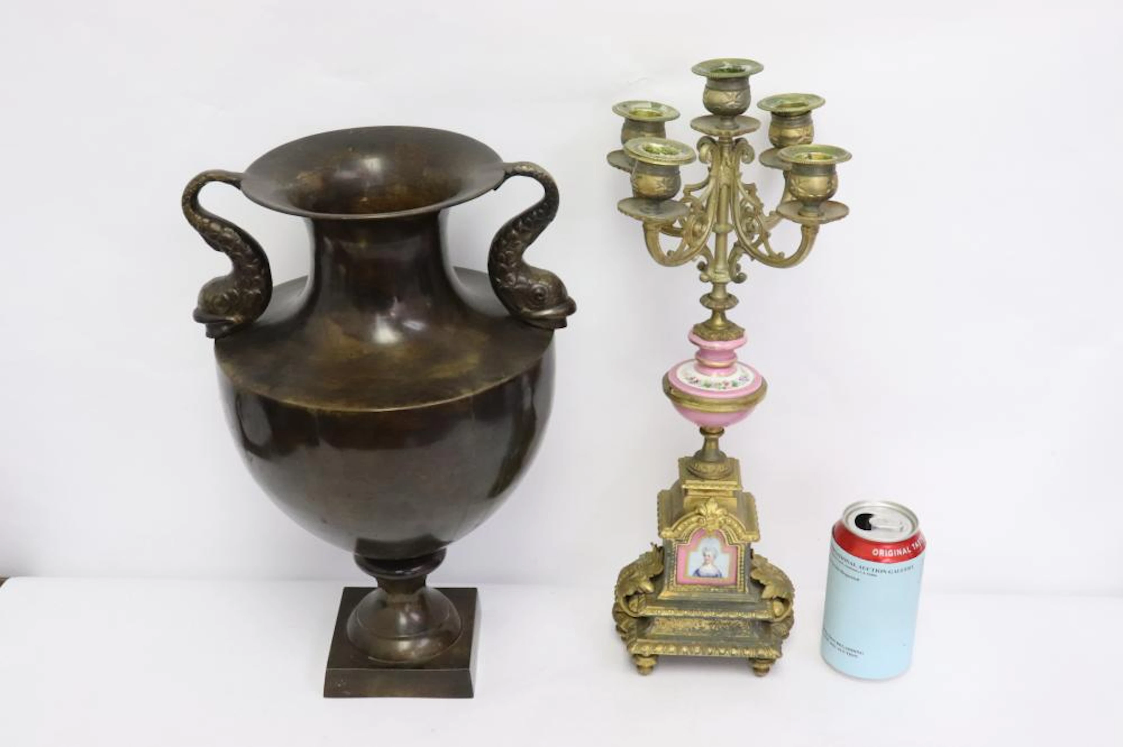Bronze urn, & an antique French candelabra