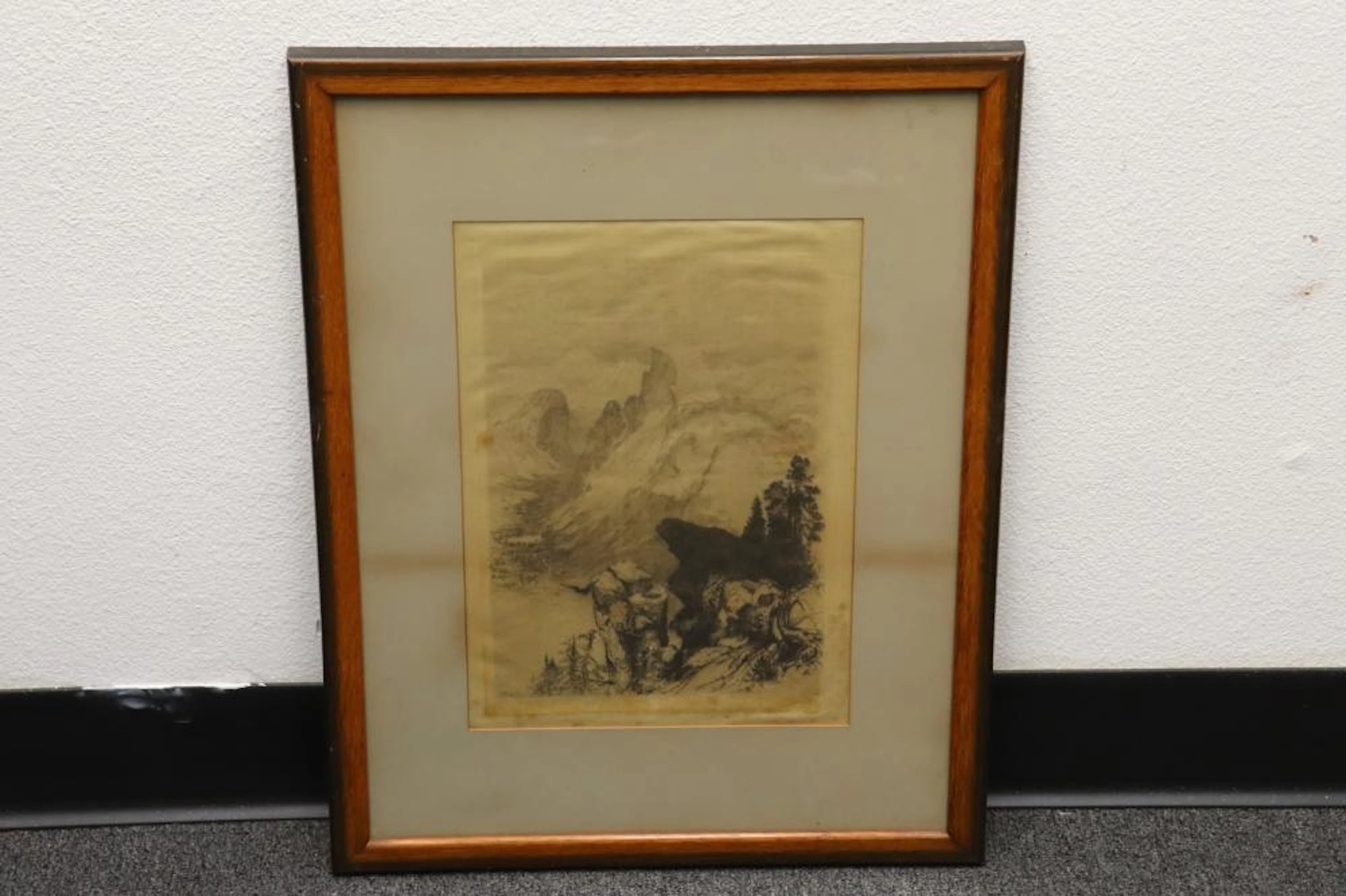etching on silk/ cloth by Thomas Moran, signed