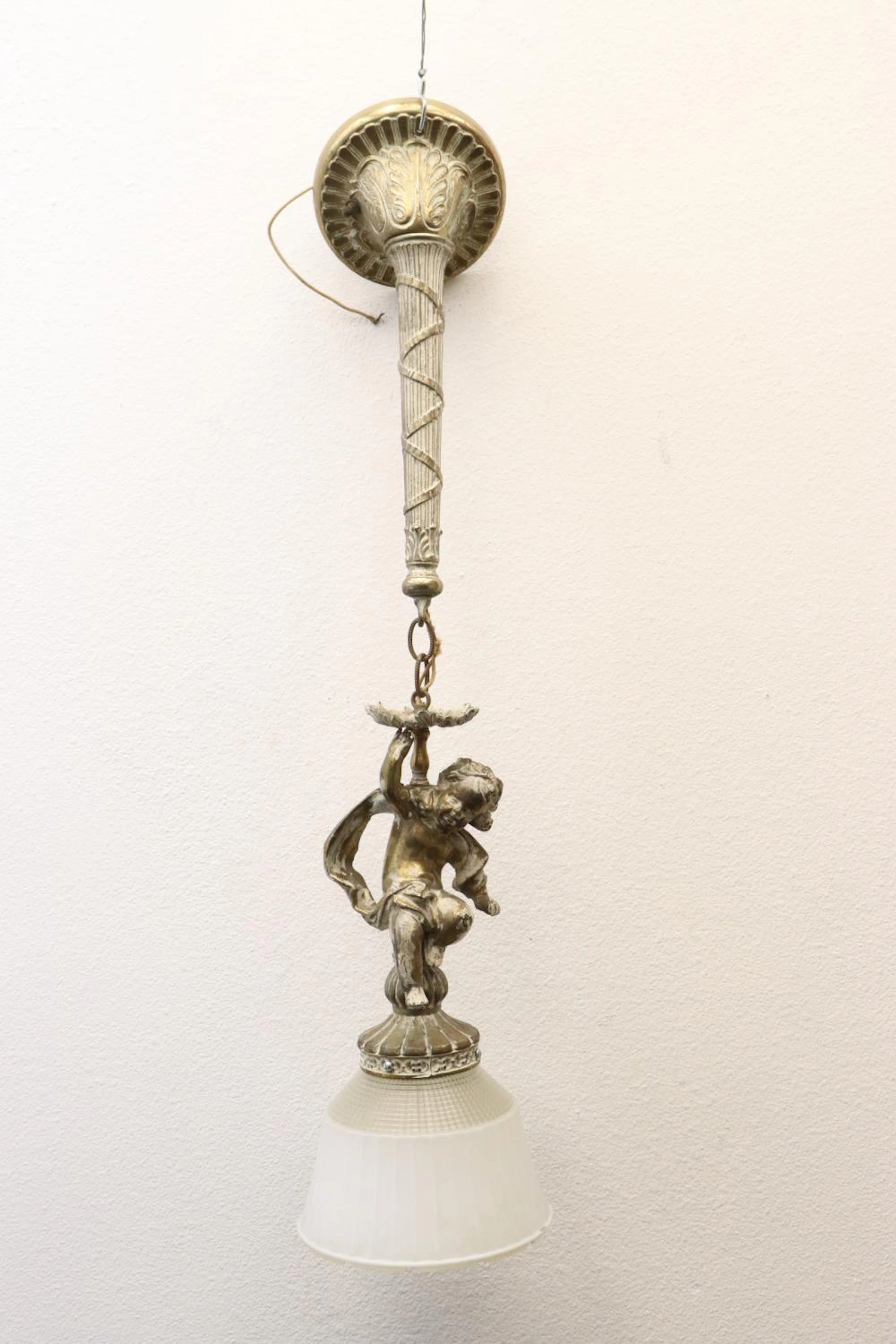 A gilt metal ceiling light w/ angel motif sculpture