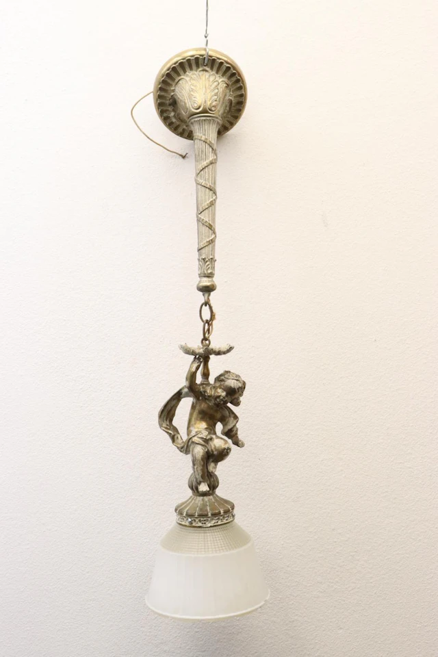 A gilt metal ceiling light w/ angel motif sculpture