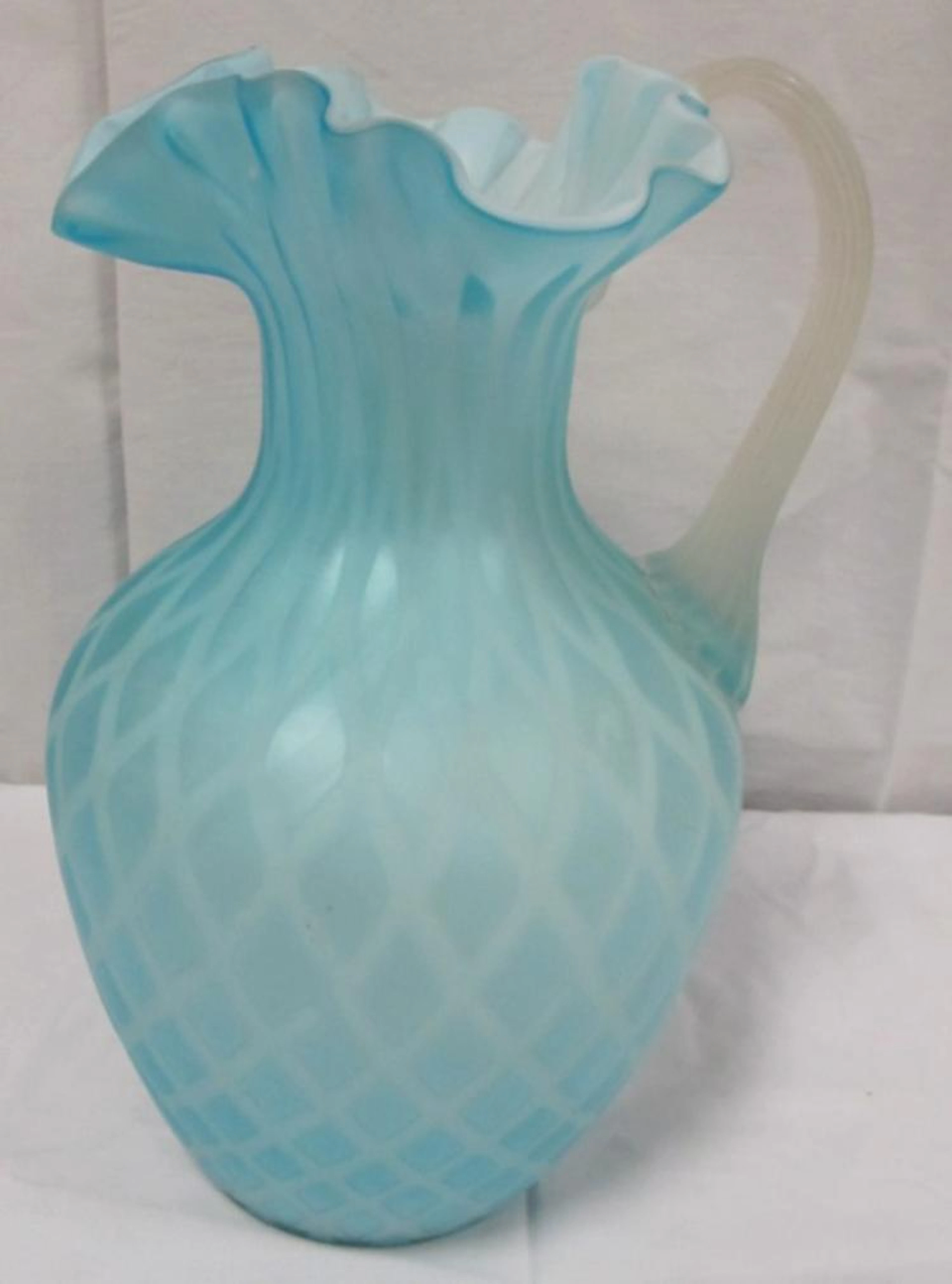 ANTIQUE DIAMOND QUILT PATTERN BLUE WHITE RUFFLED SATIN GLASS PITCHER