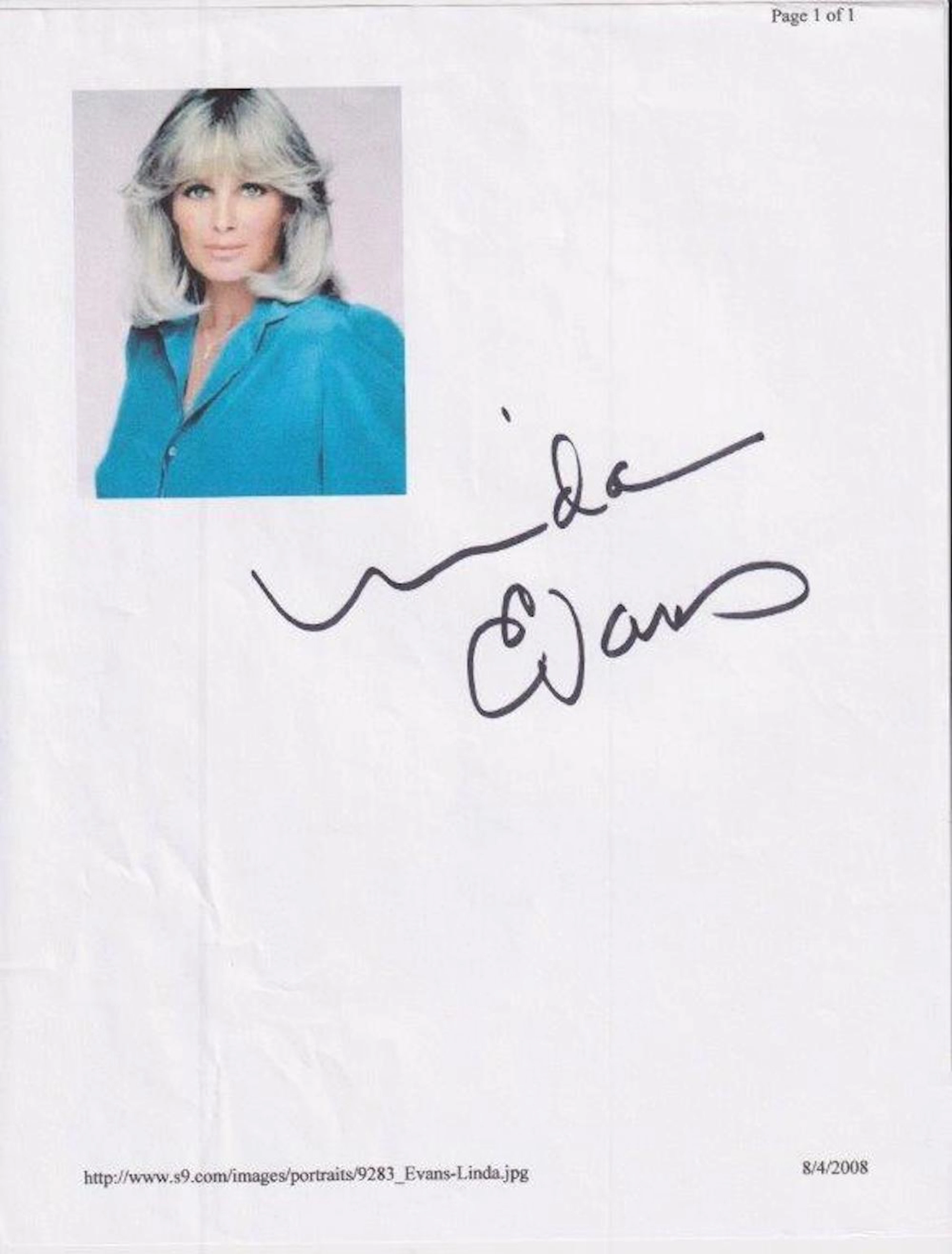 Linda Evas - 8.5 x 11 Signed Photograph w/COA