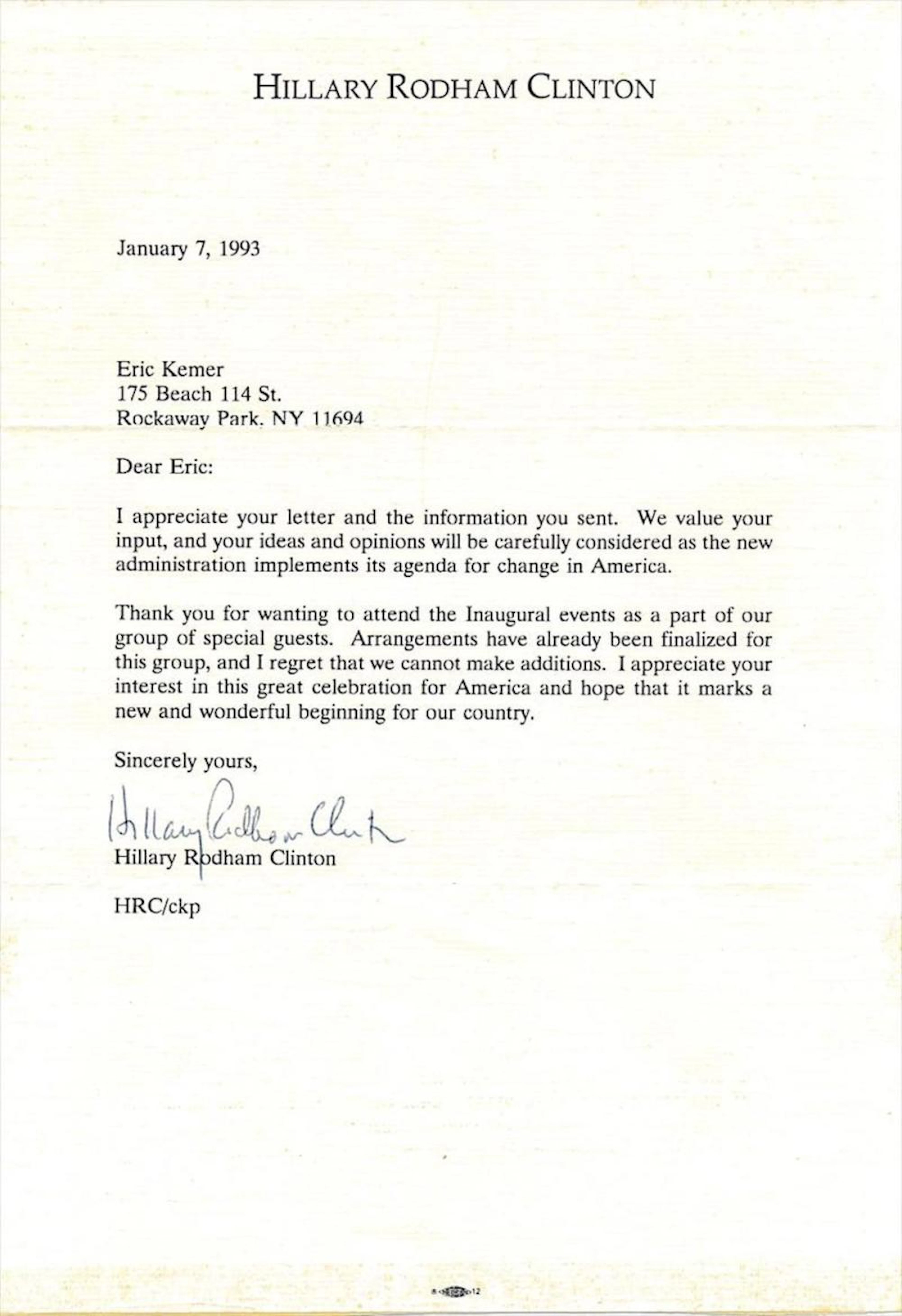 Hillary Clinton- TLS on her stationary from 1993 w/COA