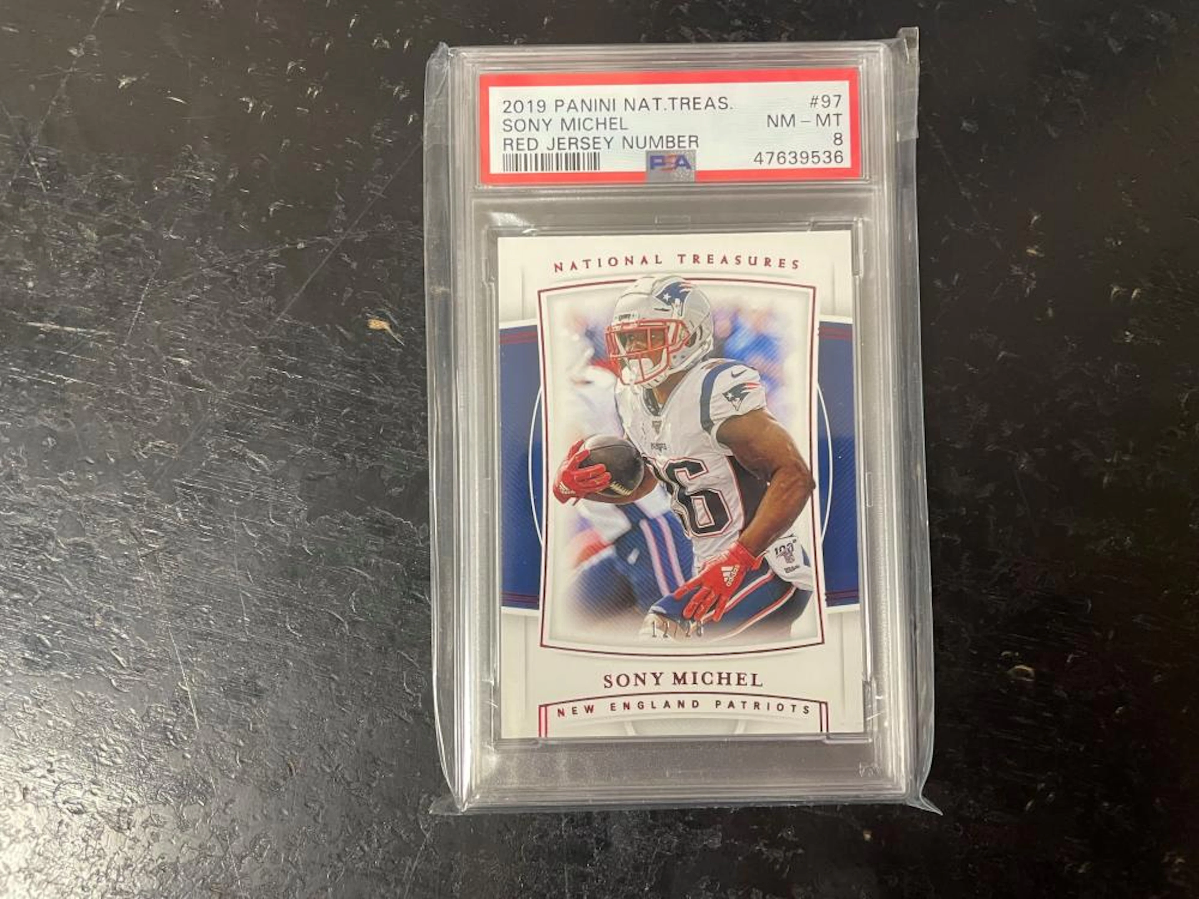 2019 Panini National Treasures Sony Michel Red Jersey Number PSA 8