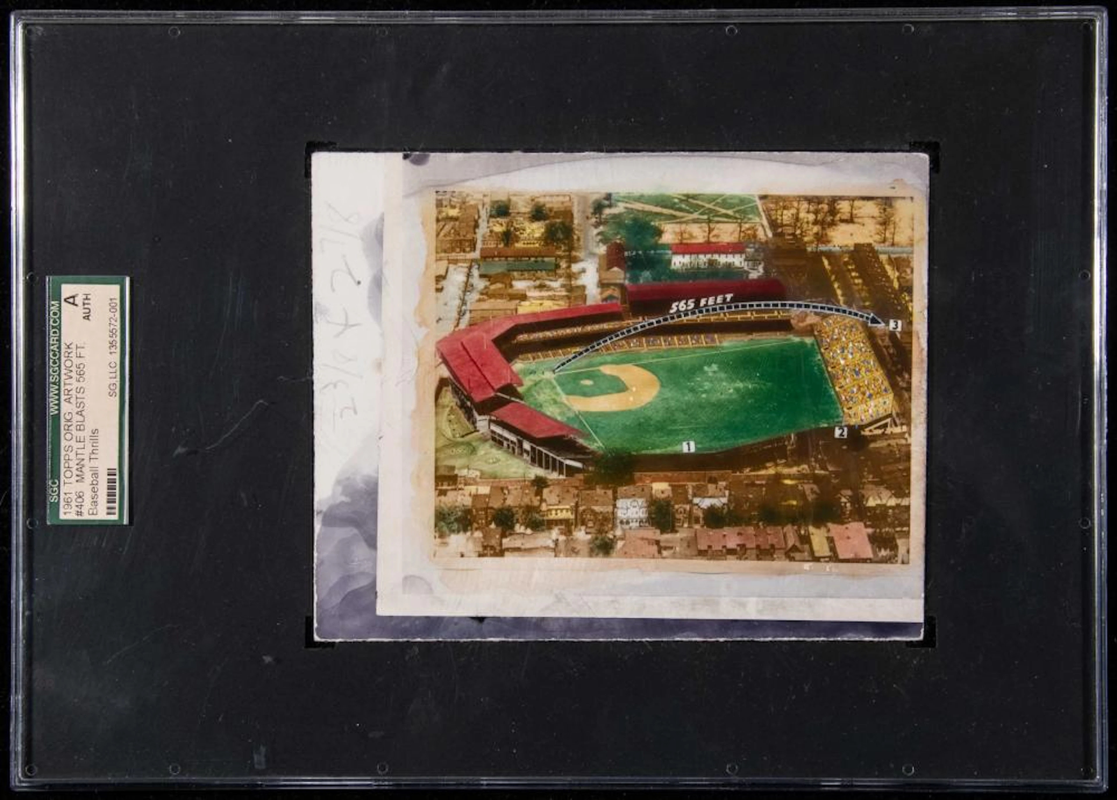 1961 Topps #406 "Mantle Blasts 565 Ft. Home Run" - original artwork.