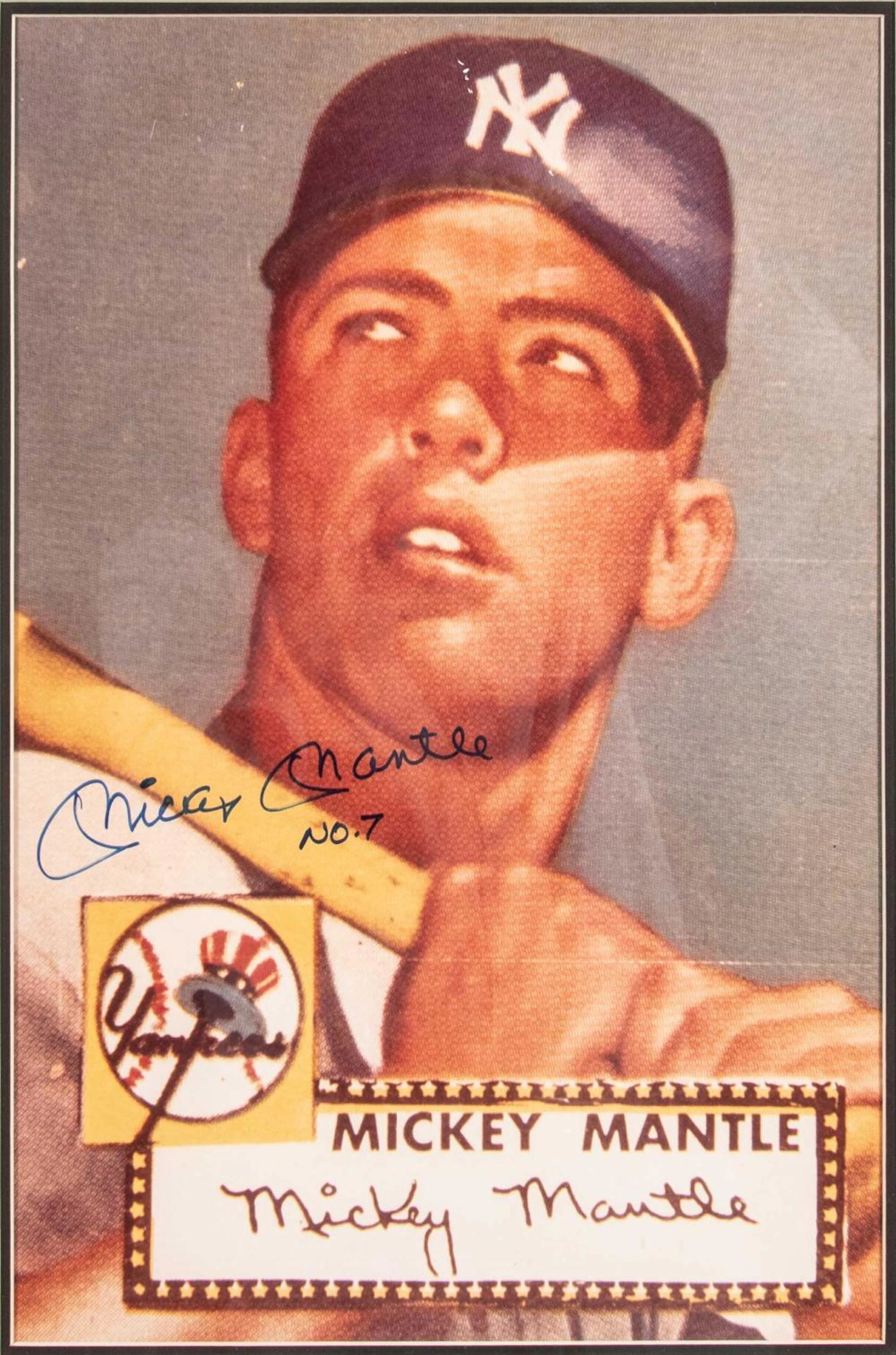 Mickey Mantle autographed 1952 Topps Rookie card photograph.
