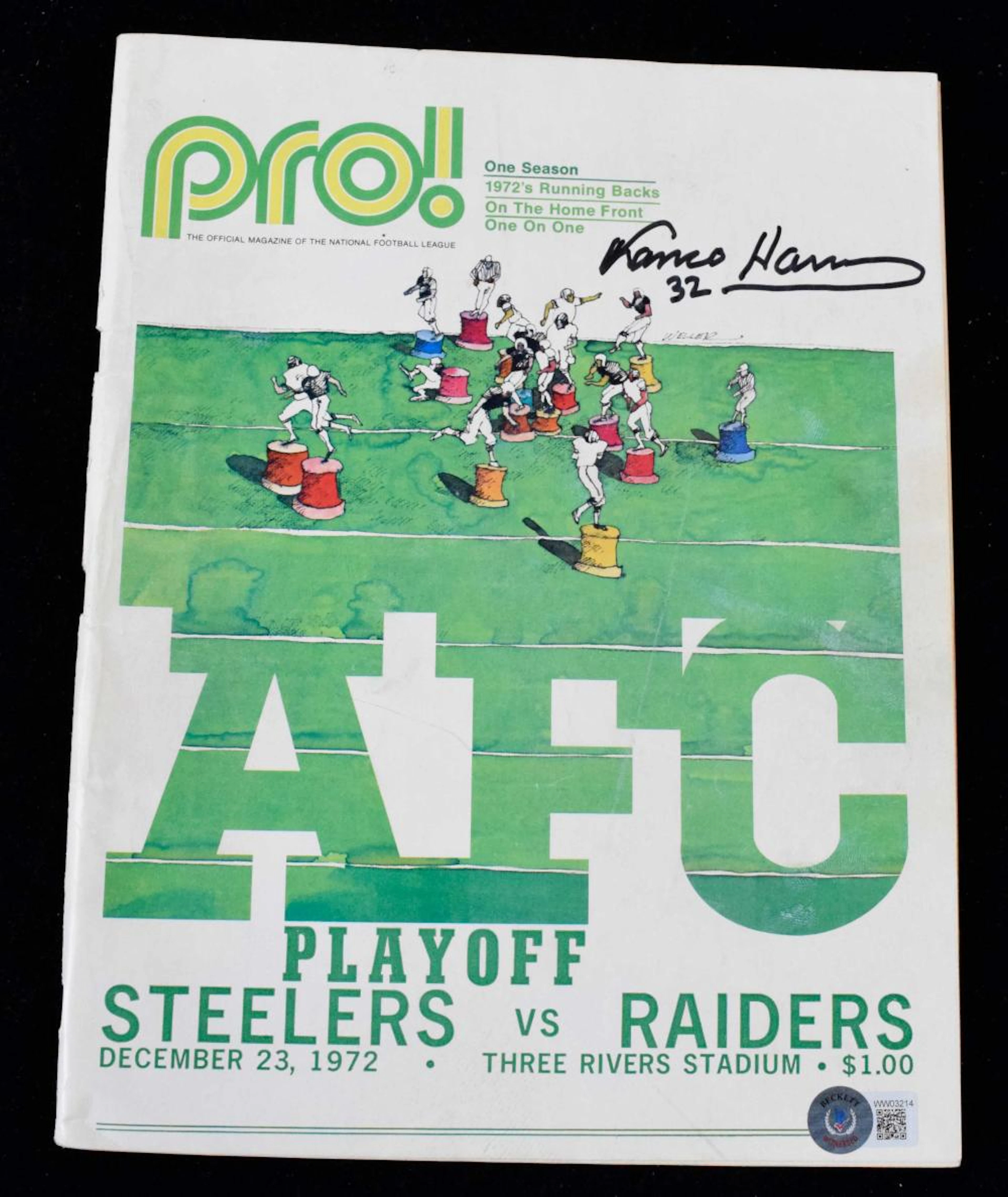 Franco Harris autographed 1972 "Immaculate Reception" AFC Playoff Game program.
