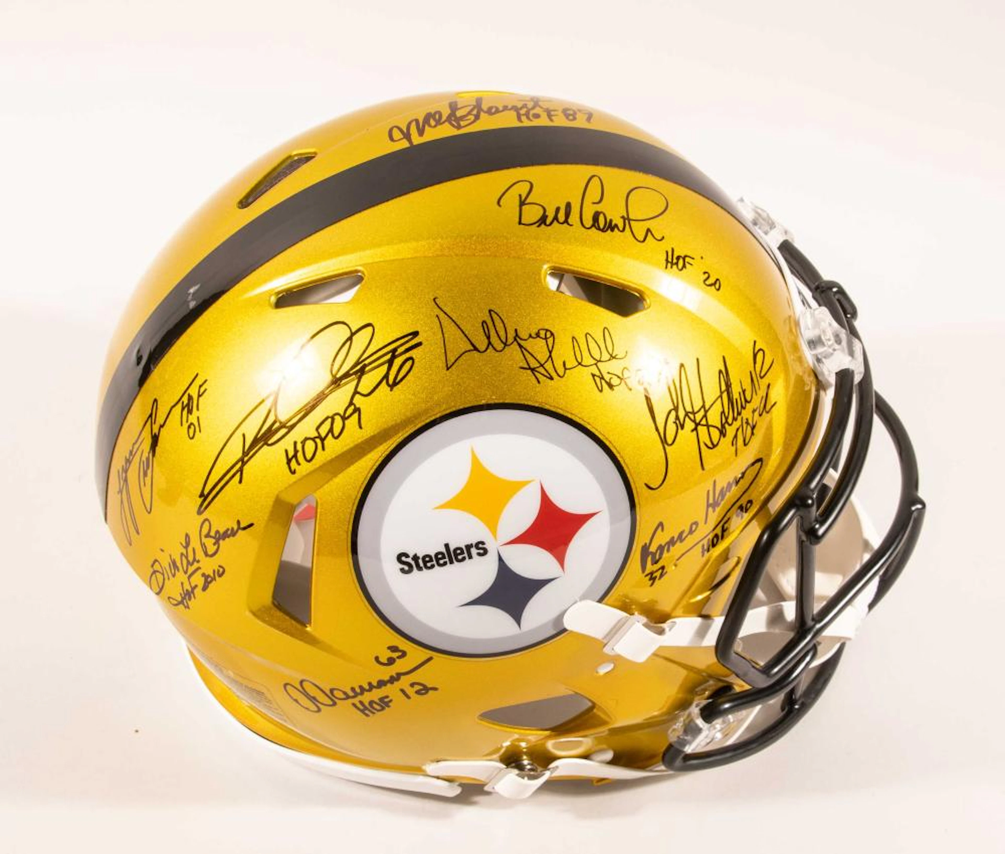 Pittsburgh Steelers Hall Of Famers autographed Chrome Flash helmet .