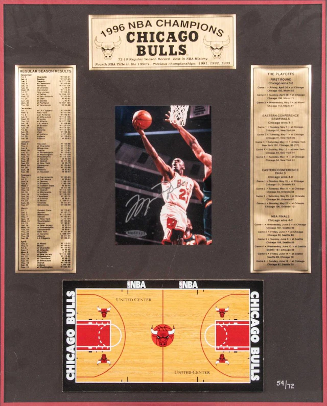 Michael Jordan autographed 1996 Bulls NBA Champions display (54/72) (UDA).
