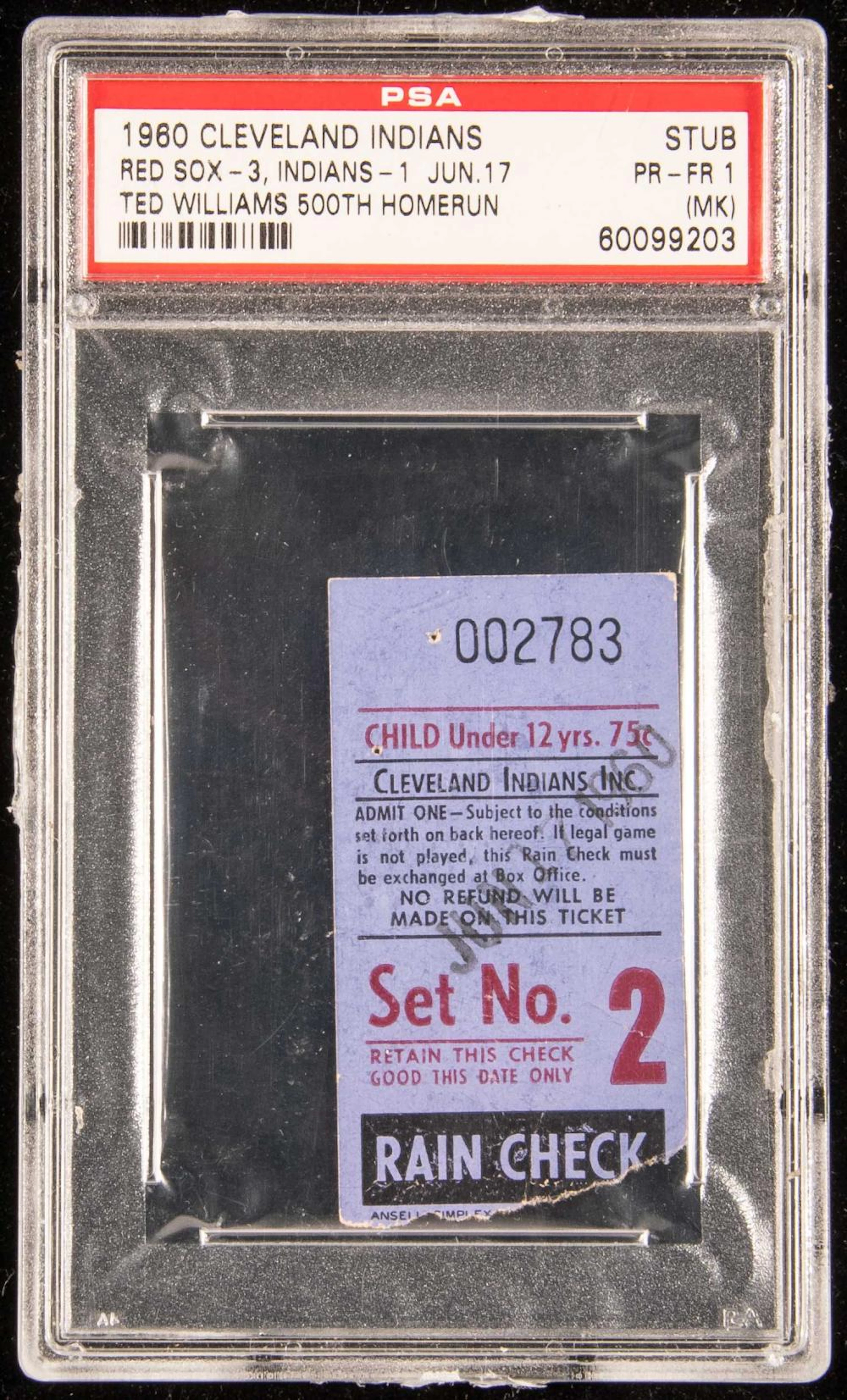 June 17, 1960 Ted Williams 500th Home Run ticket stub.