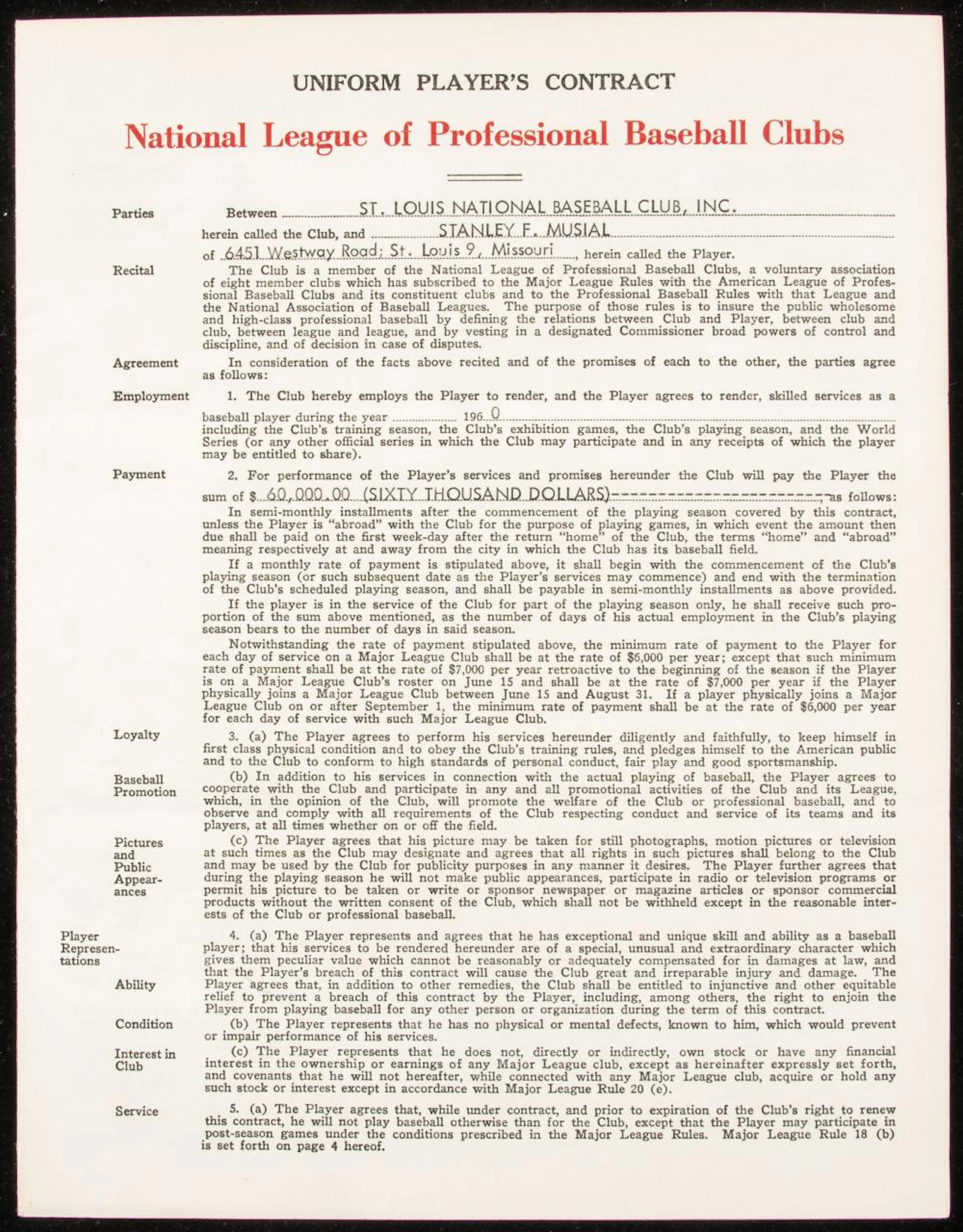 1960 Stan Musial autographed St. Louis Cardinals contract.