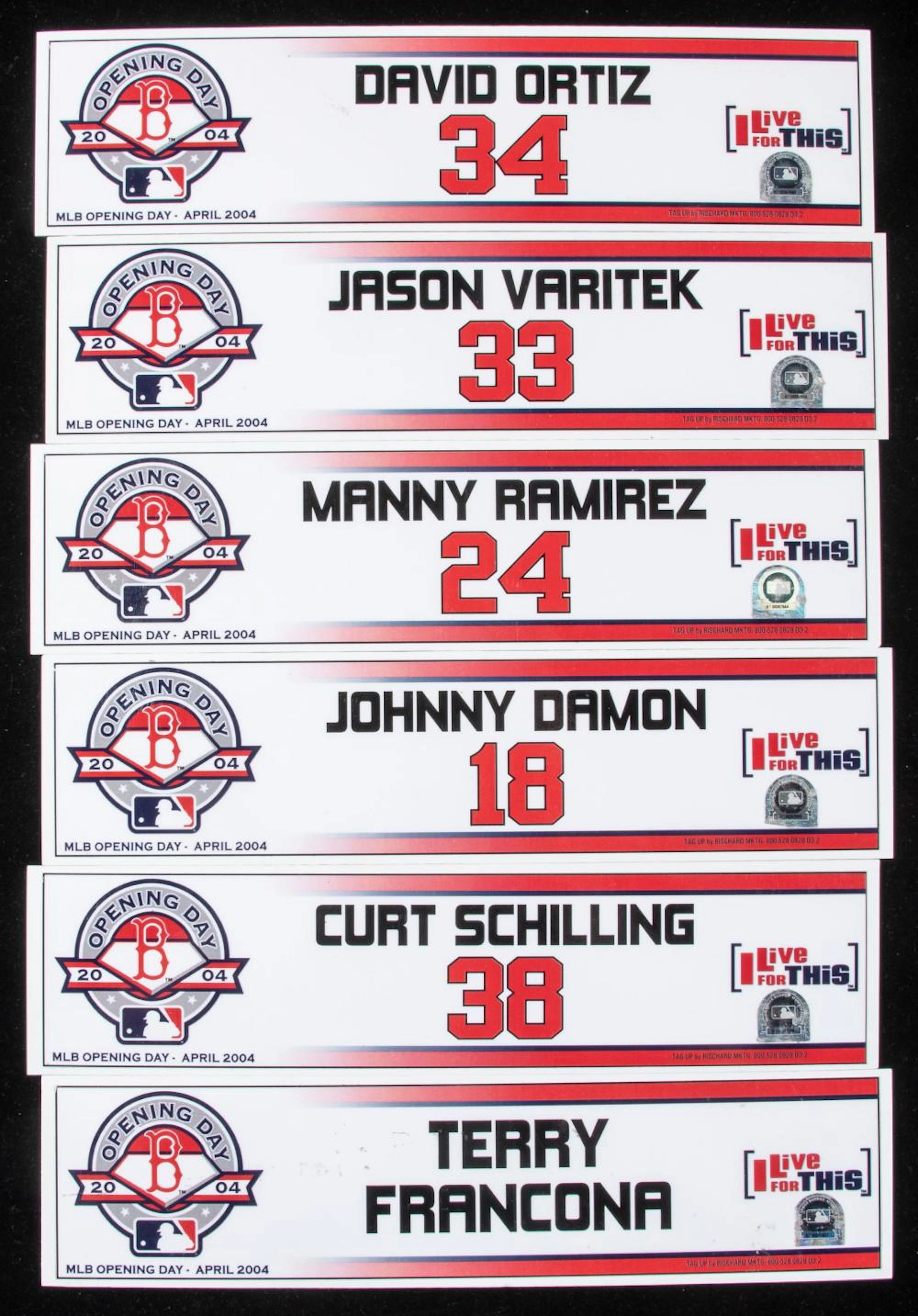 2004 Boston Red Sox Opening Day locker room nameplates...