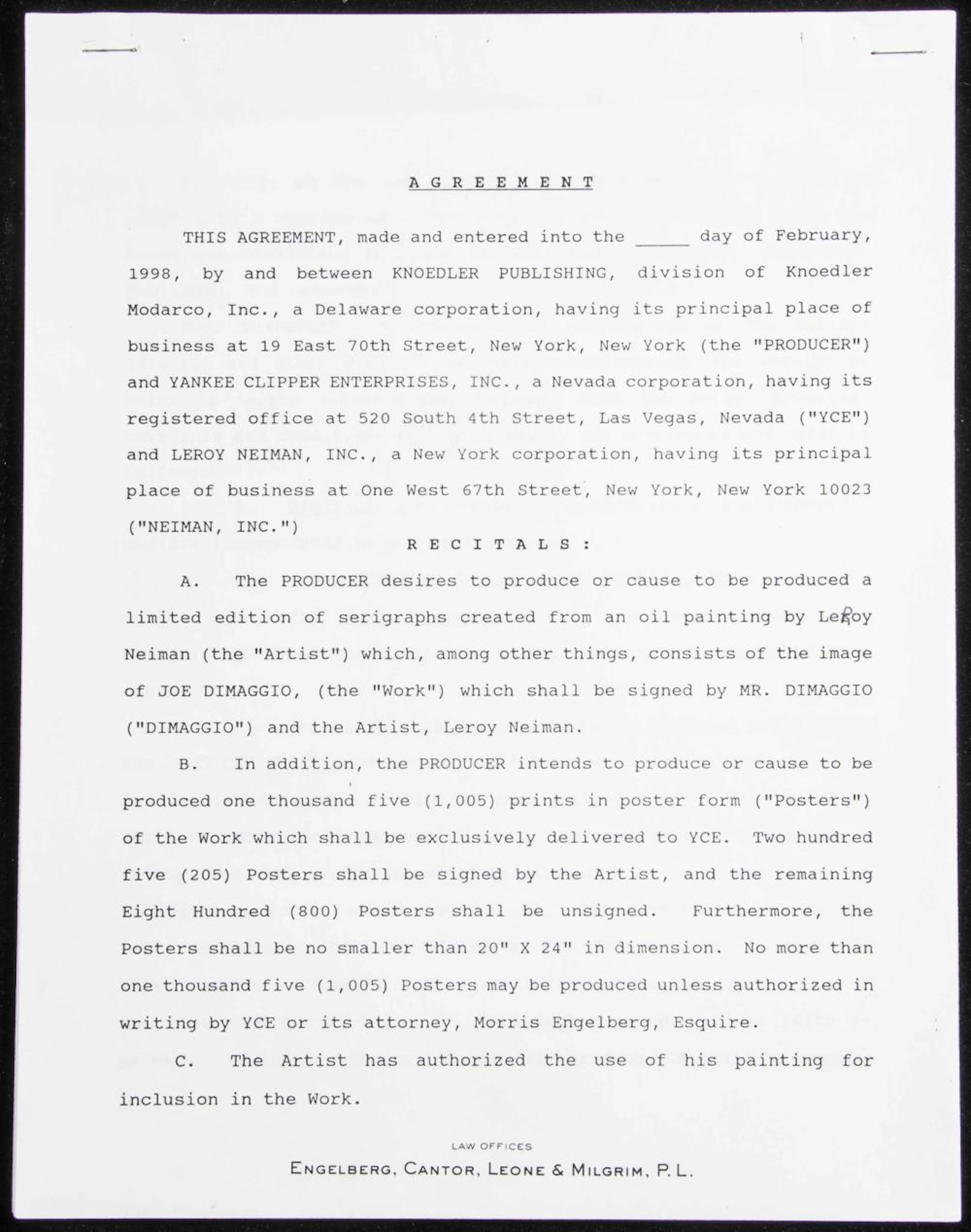 Joe DiMaggio and LeRoy Neiman autographed agreement...