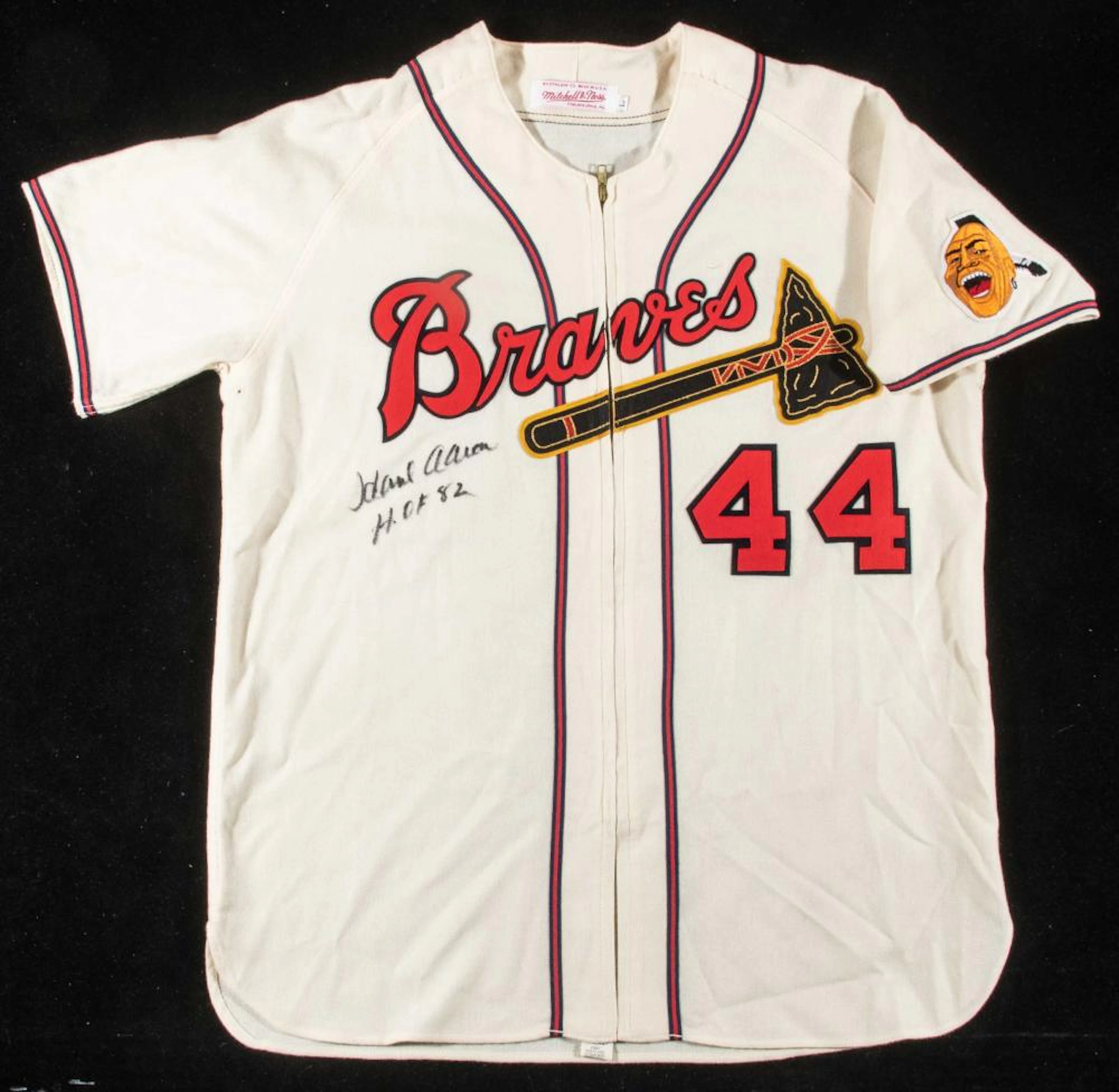 Hank Aaron autographed HOF inscribed Atlanta Braves jersey.