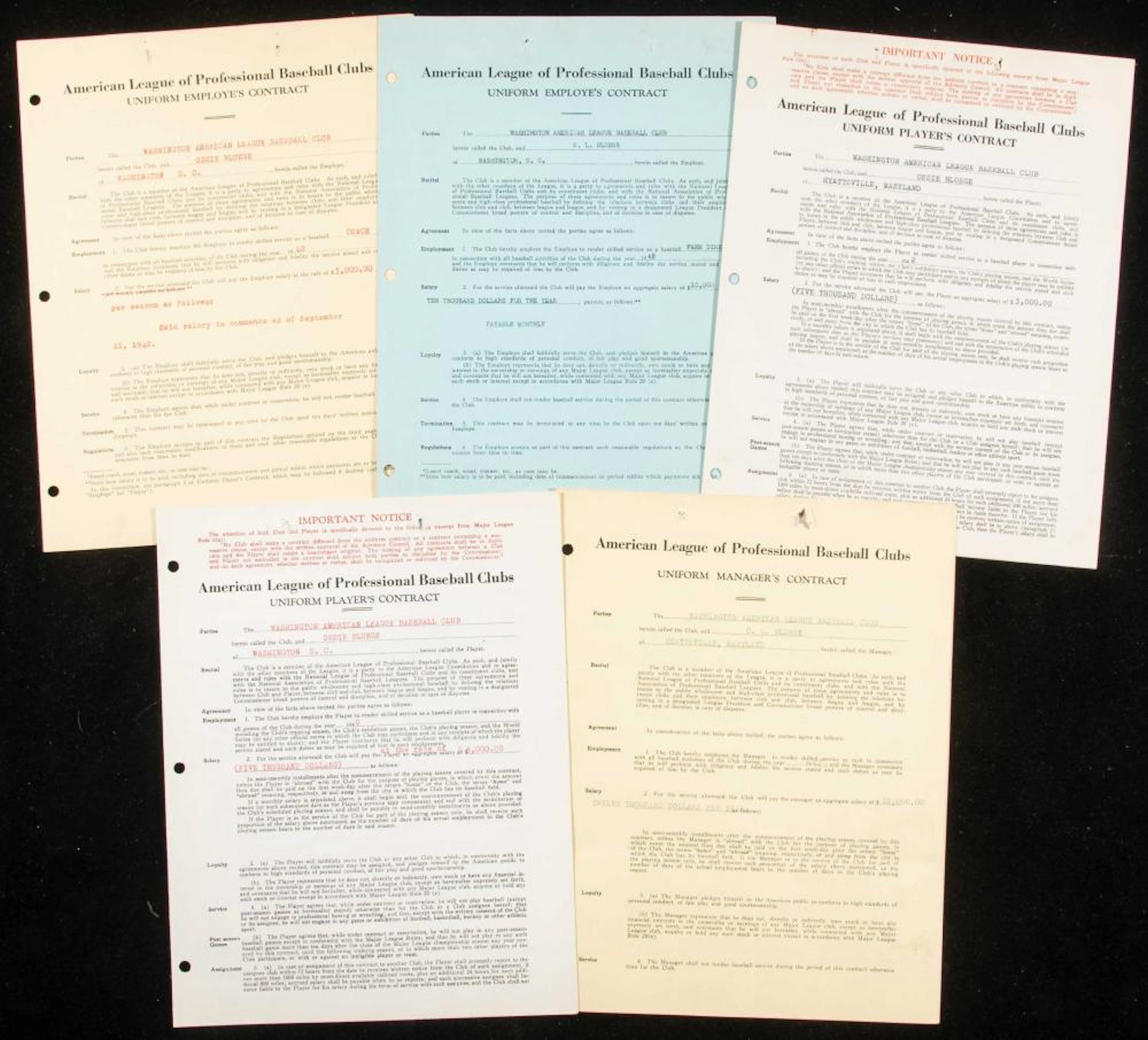 Lot of (5) 1940-1948 Ossie Bluege Washington Senators contracts.