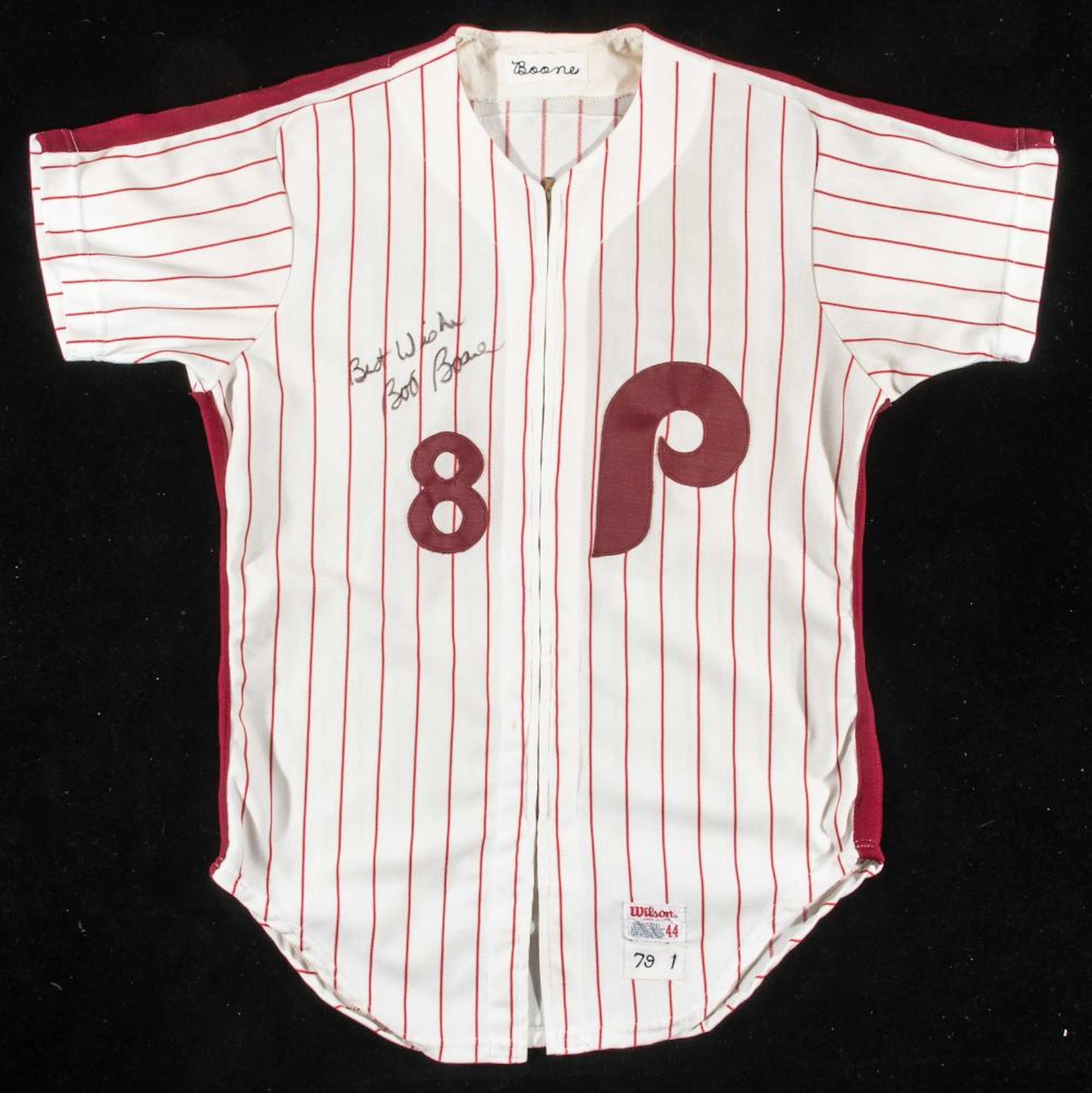 1979 Bob Boone autographed Philadelphia Phillies professional model home jersey.