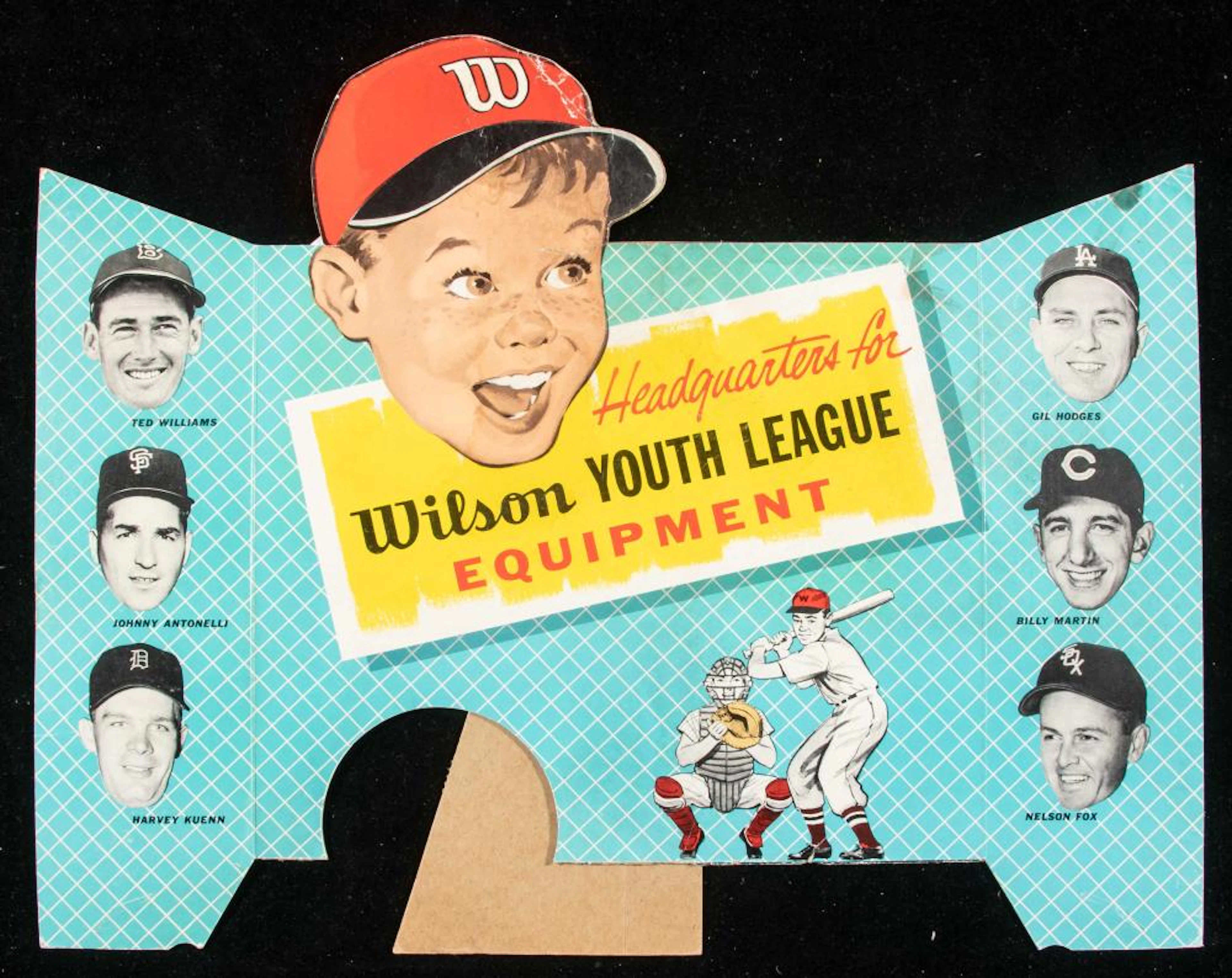 Wilson Youth League Equipment store display with Hall of Famers c.1960s.