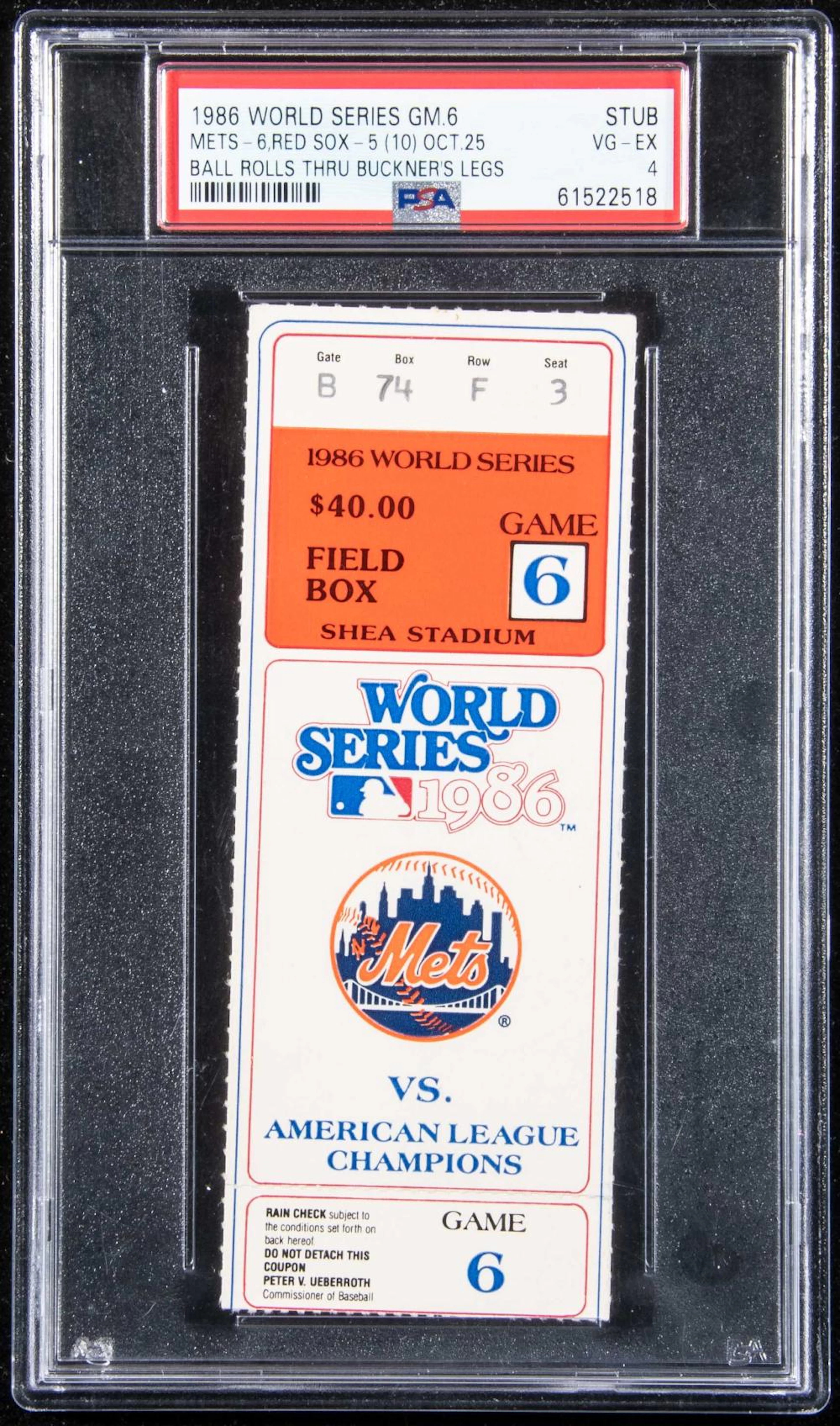 1986 World Series Game (6) ticket stub - Bill Buckner game (PSA 4 VG-EX)