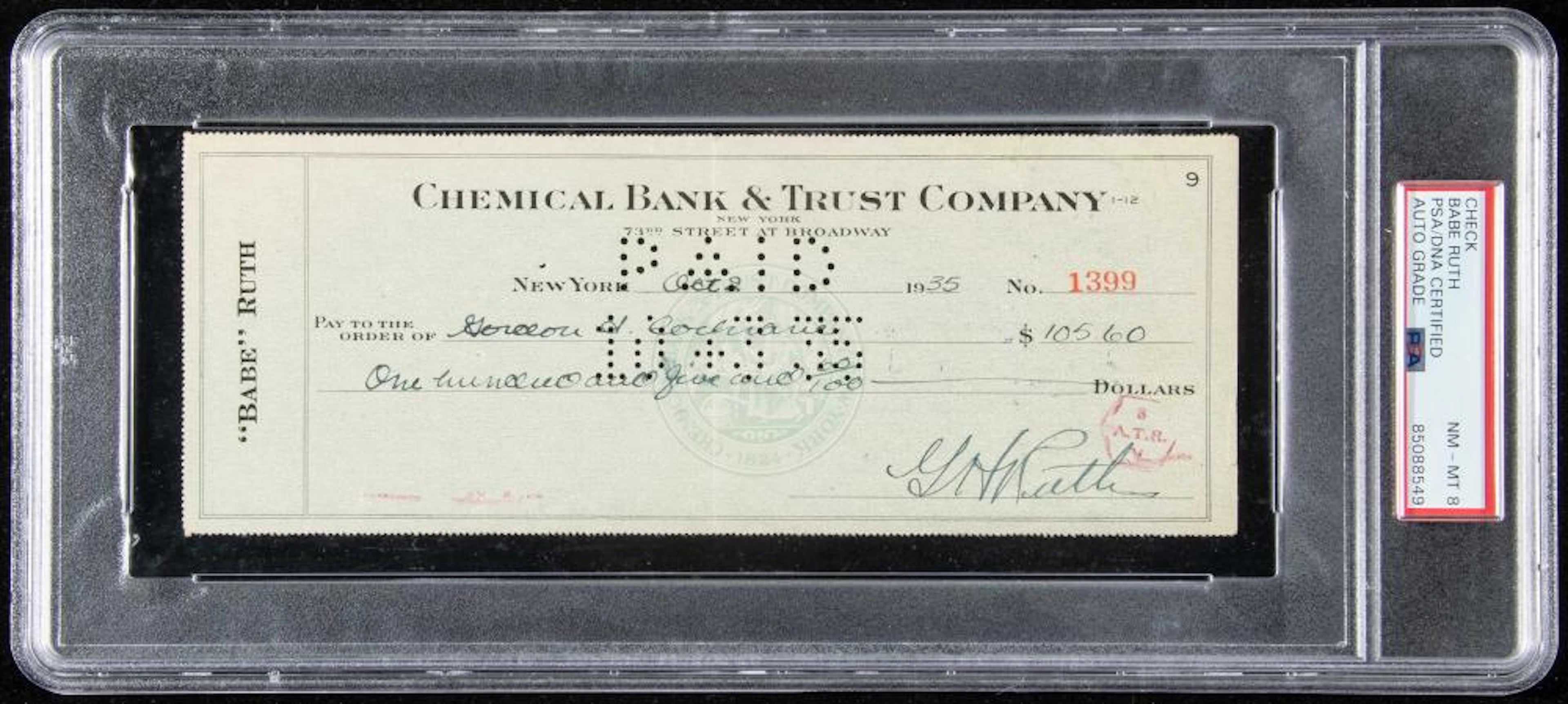 1935 Babe Ruth autographed personal check (PSA/DNA 8 NM-MT)