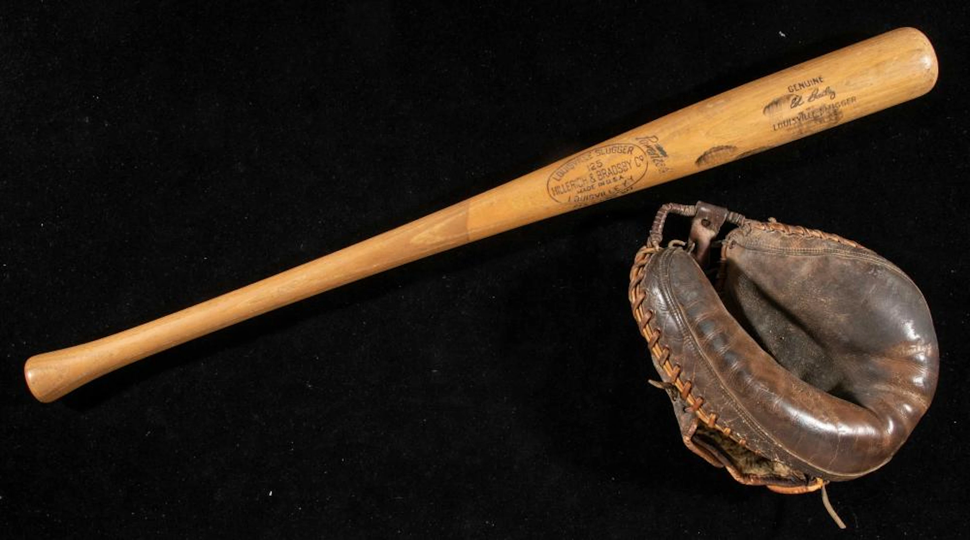 Ed Bailey professional model baseball bat and glove c.1960s.