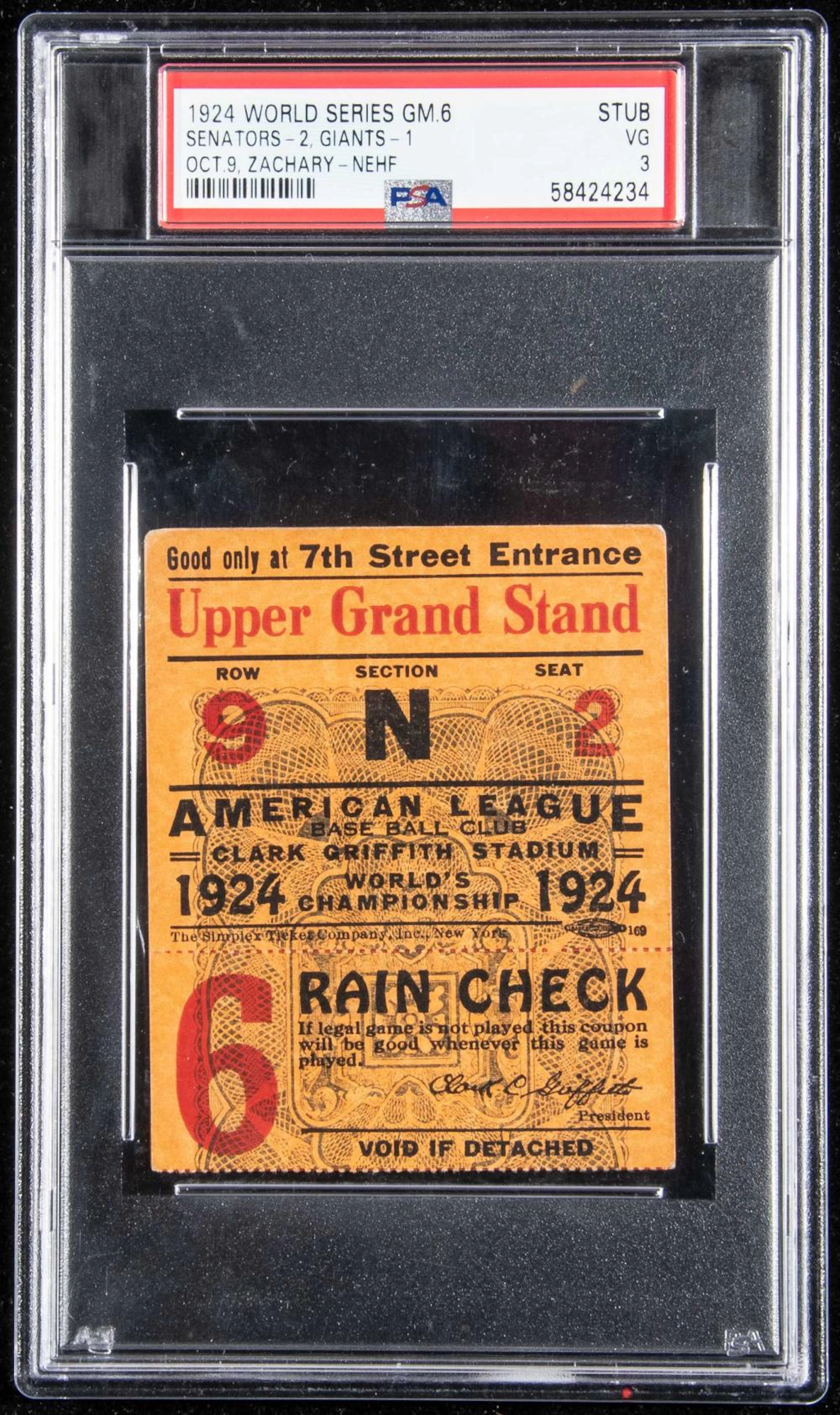 1924 World Series Game (6) ticket stub (PSA 3 VG)