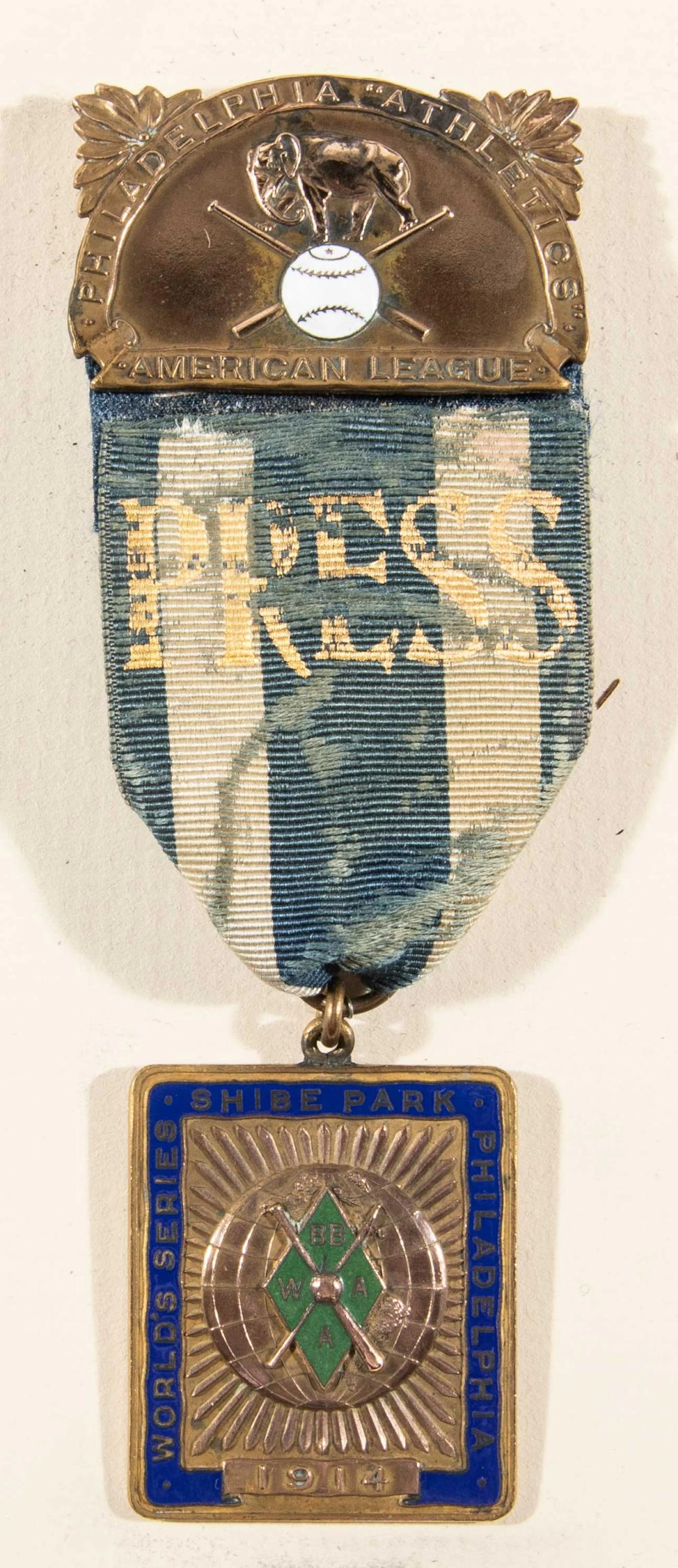 Rare 1914 Philadelphia Athletics World Series press pin.