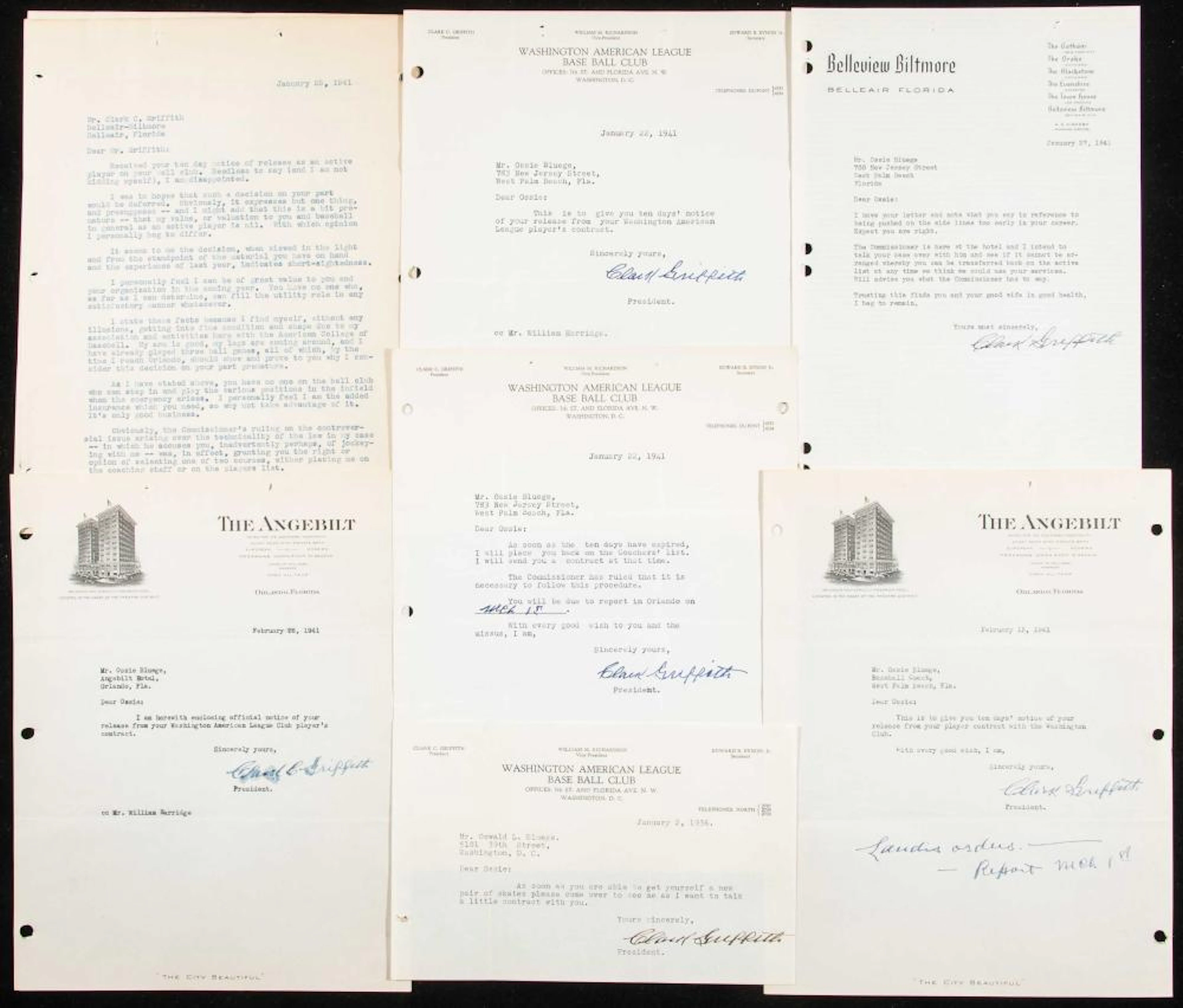 Lot of (6) 1936-1941 Clark Griffith autographed letters to Ossie Bluege.