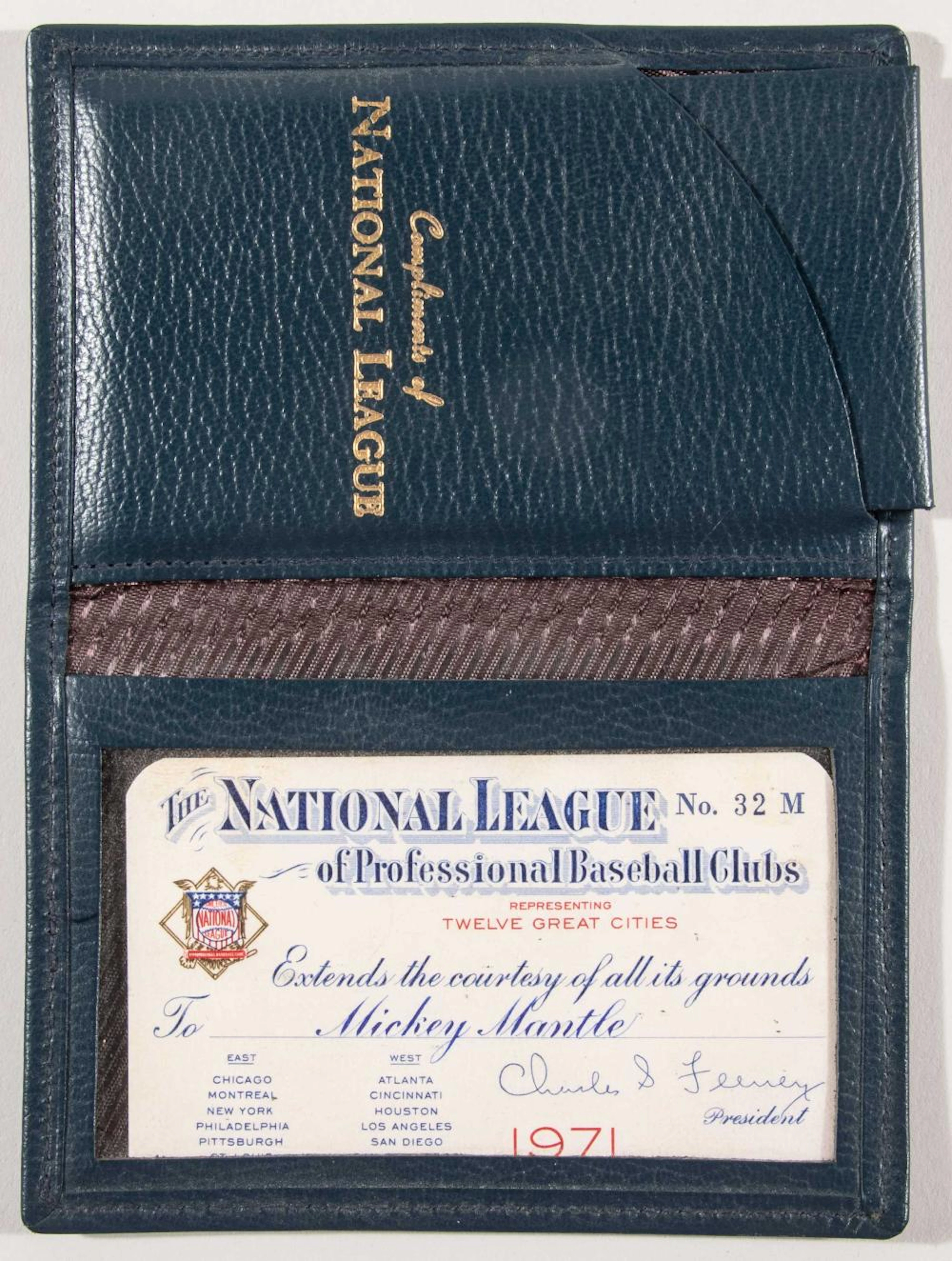 1971 Mickey Mantle National League season pass (Mantle Family provenance).