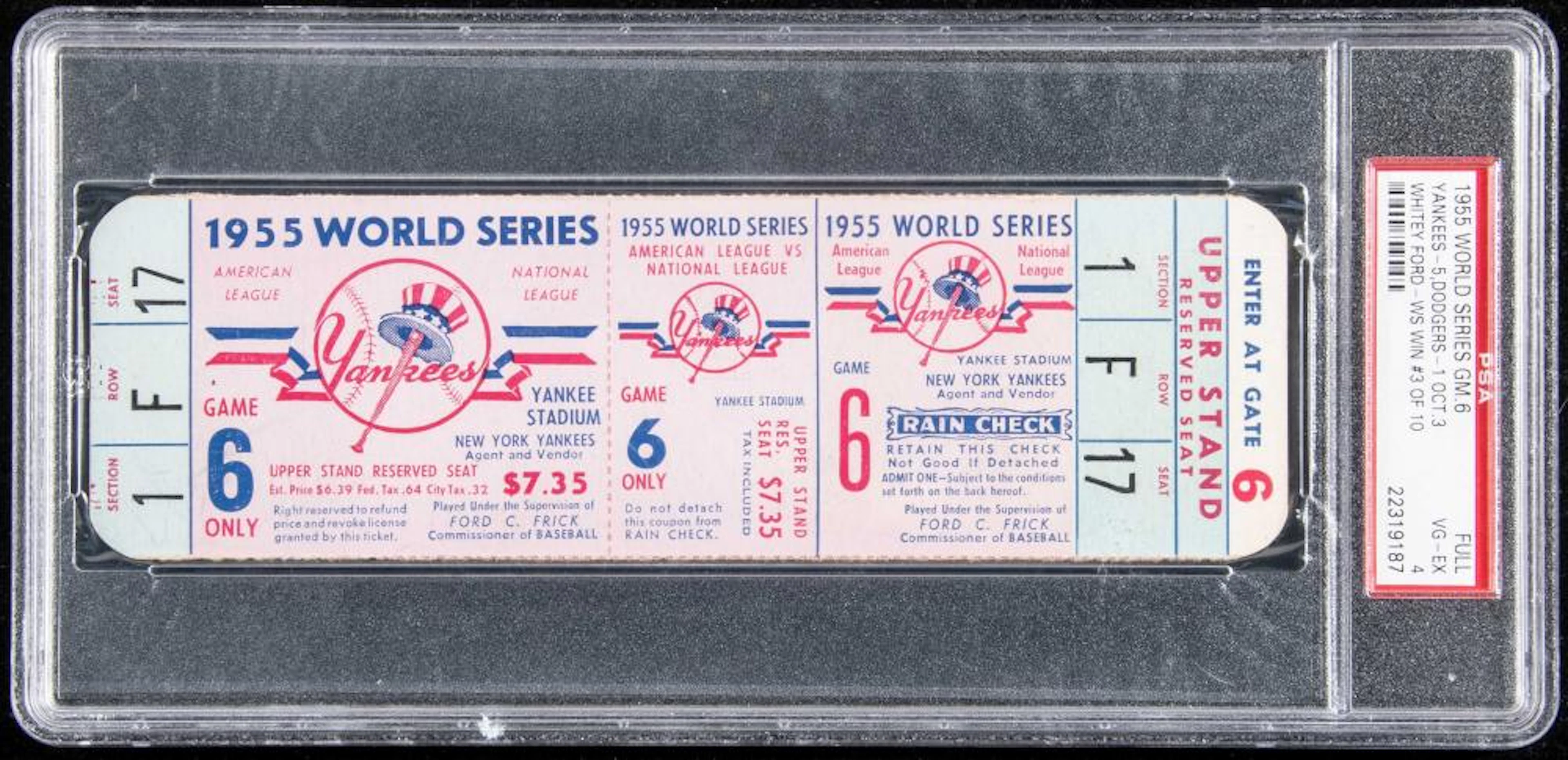 1955 World Series Game (6) full ticket (Only one graded higher)(PSA 4 VG-EX)