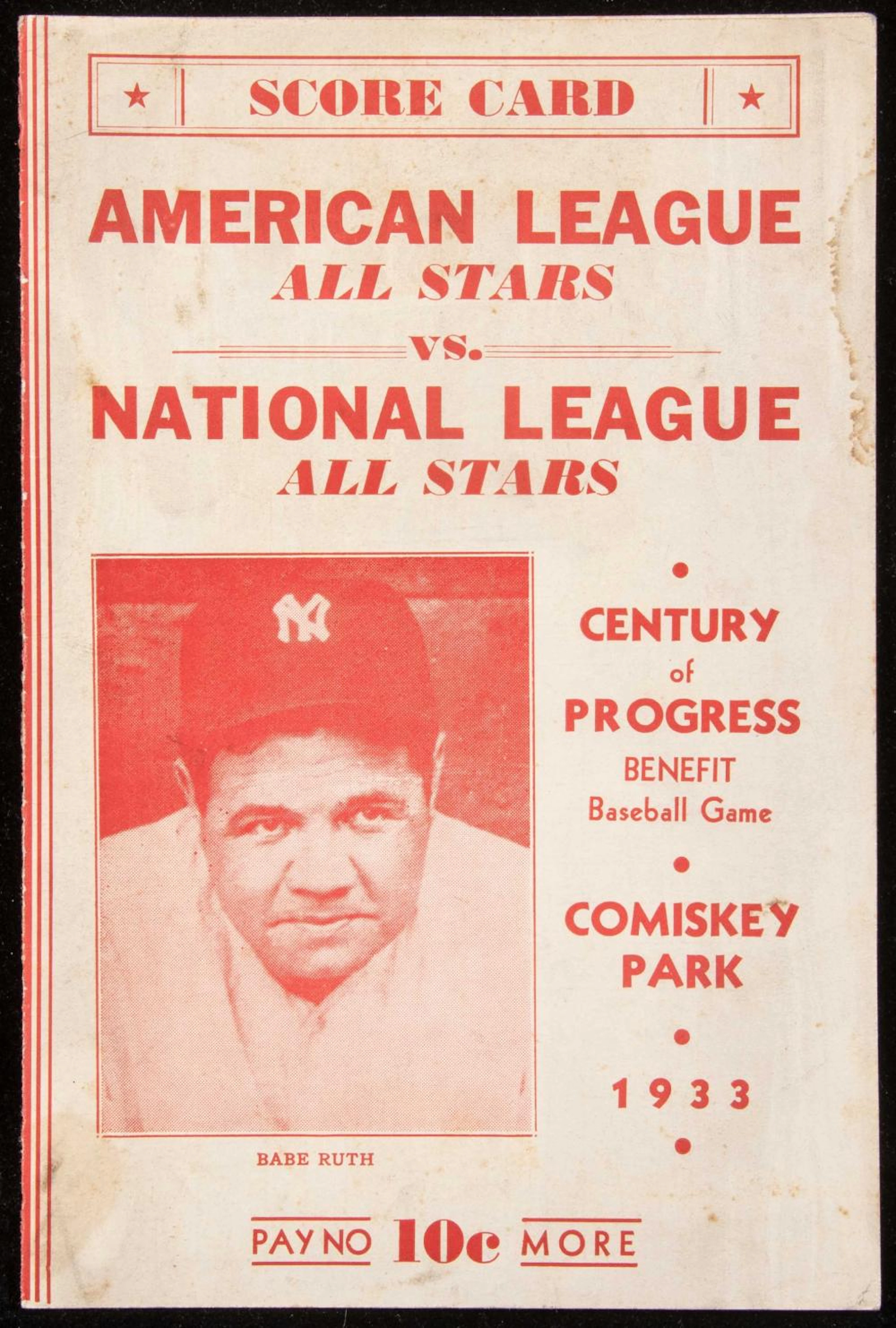 Very rare 1933 All-Star Game scorecard with Babe Ruth pictured on the cover.