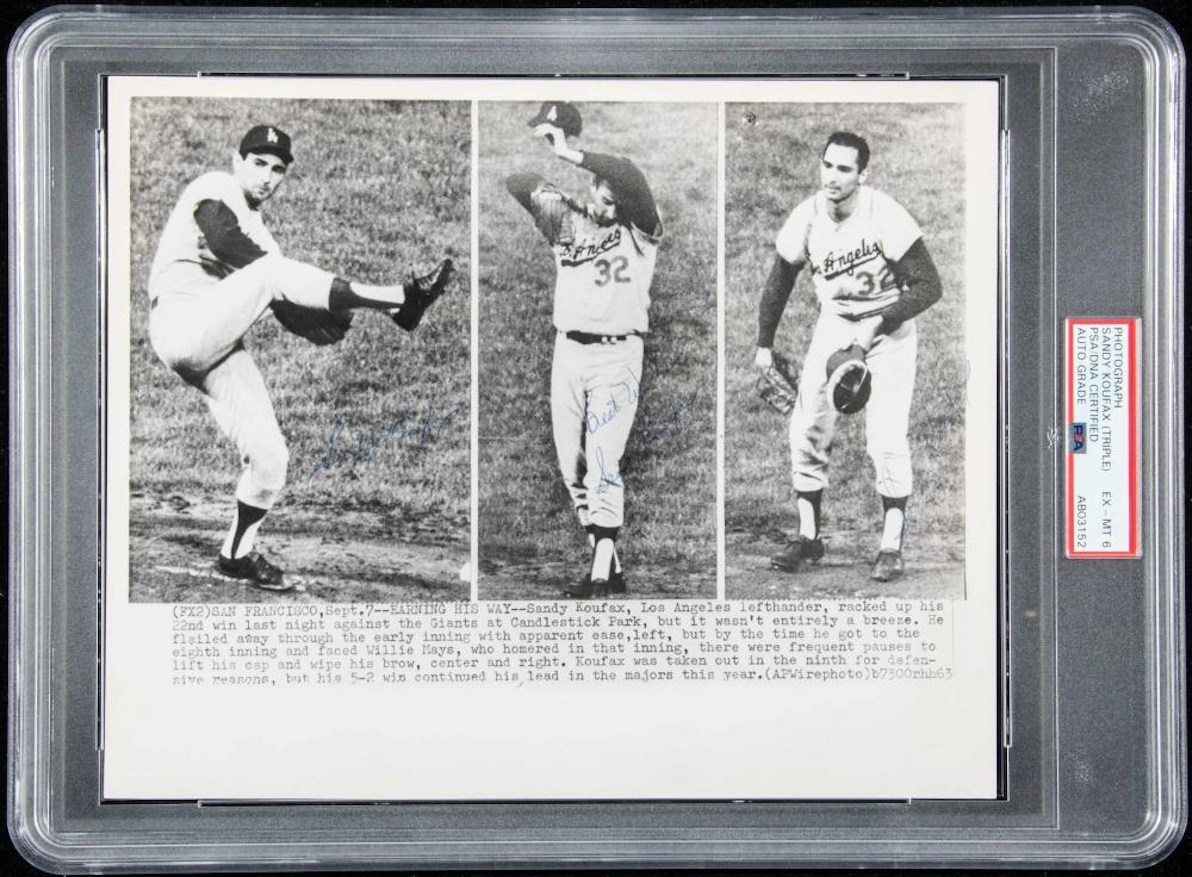Sandy Koufax triple autographed press photograph c.1963 (PSA/DNA 6 EX-MT)