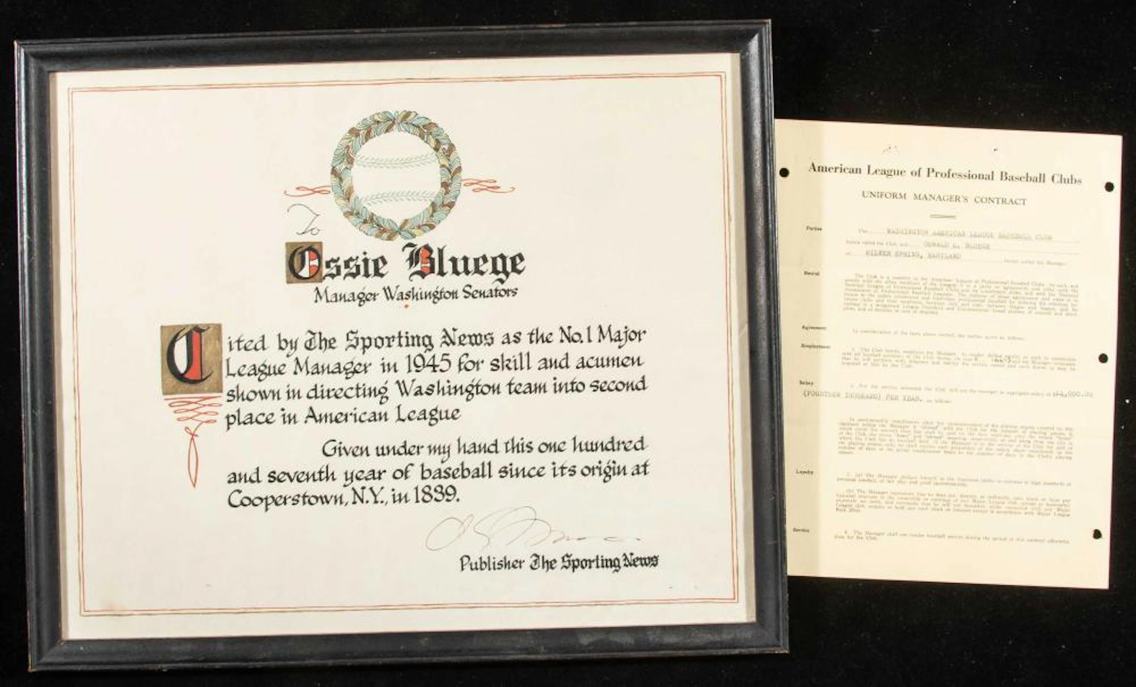 1945 Ossie Bluege Sporting News Manager of The Year Award...