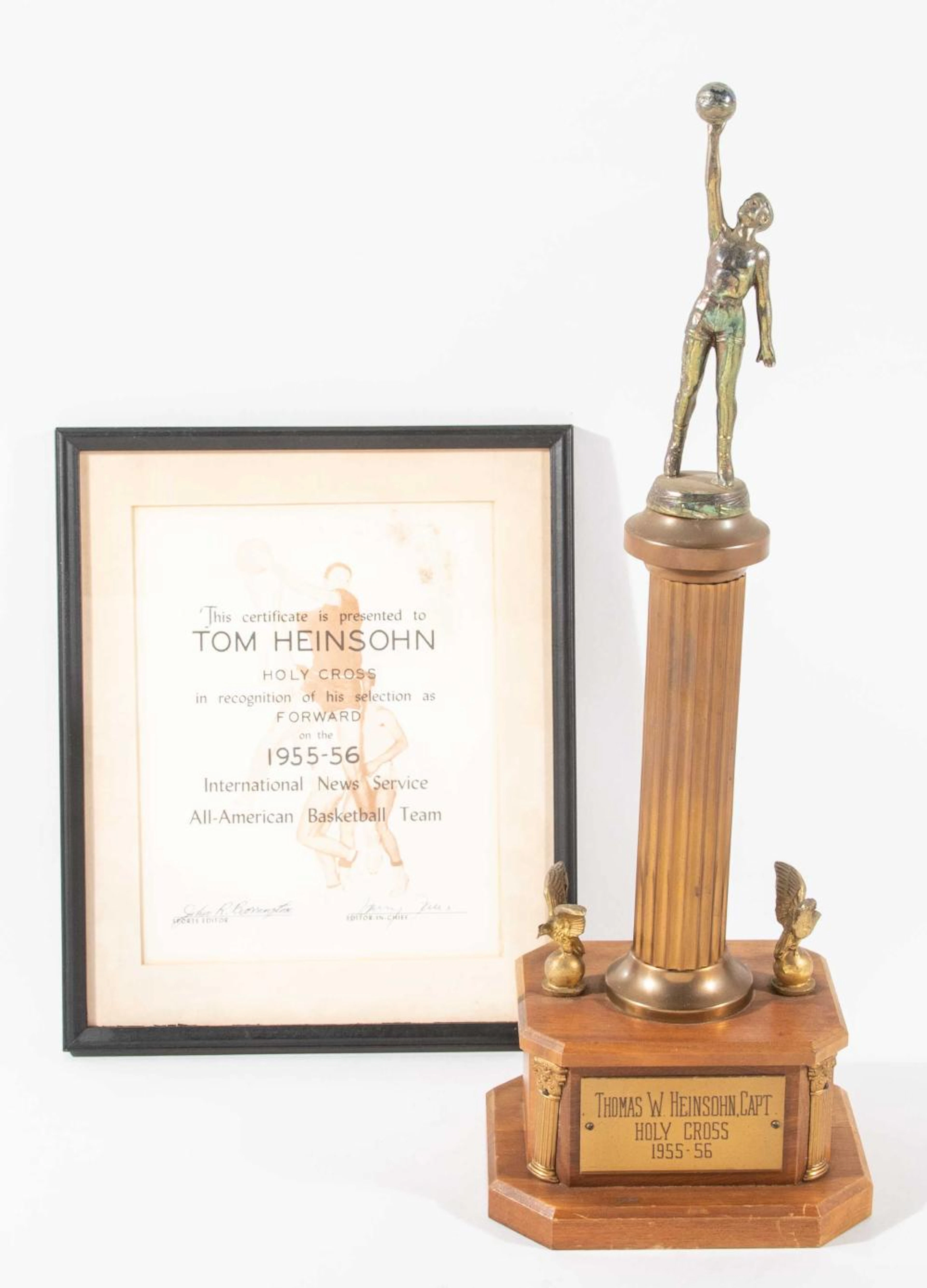 Tommy Heinsohn 1955-56 Holy Cross trophy and All-American certificate.