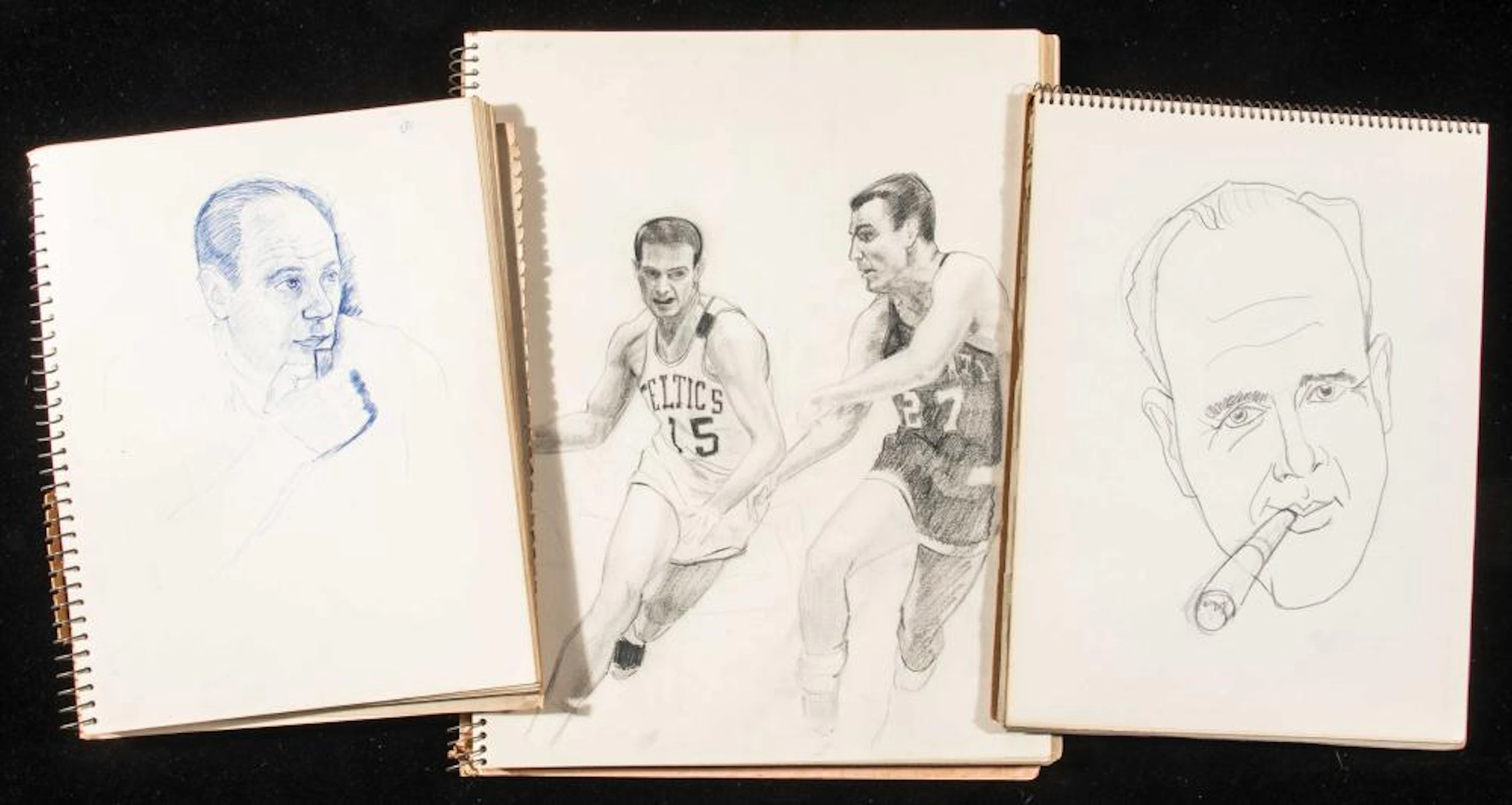 Lot (3) Tommy Heinsohn sketchbooks with some basketball/sports subjects.