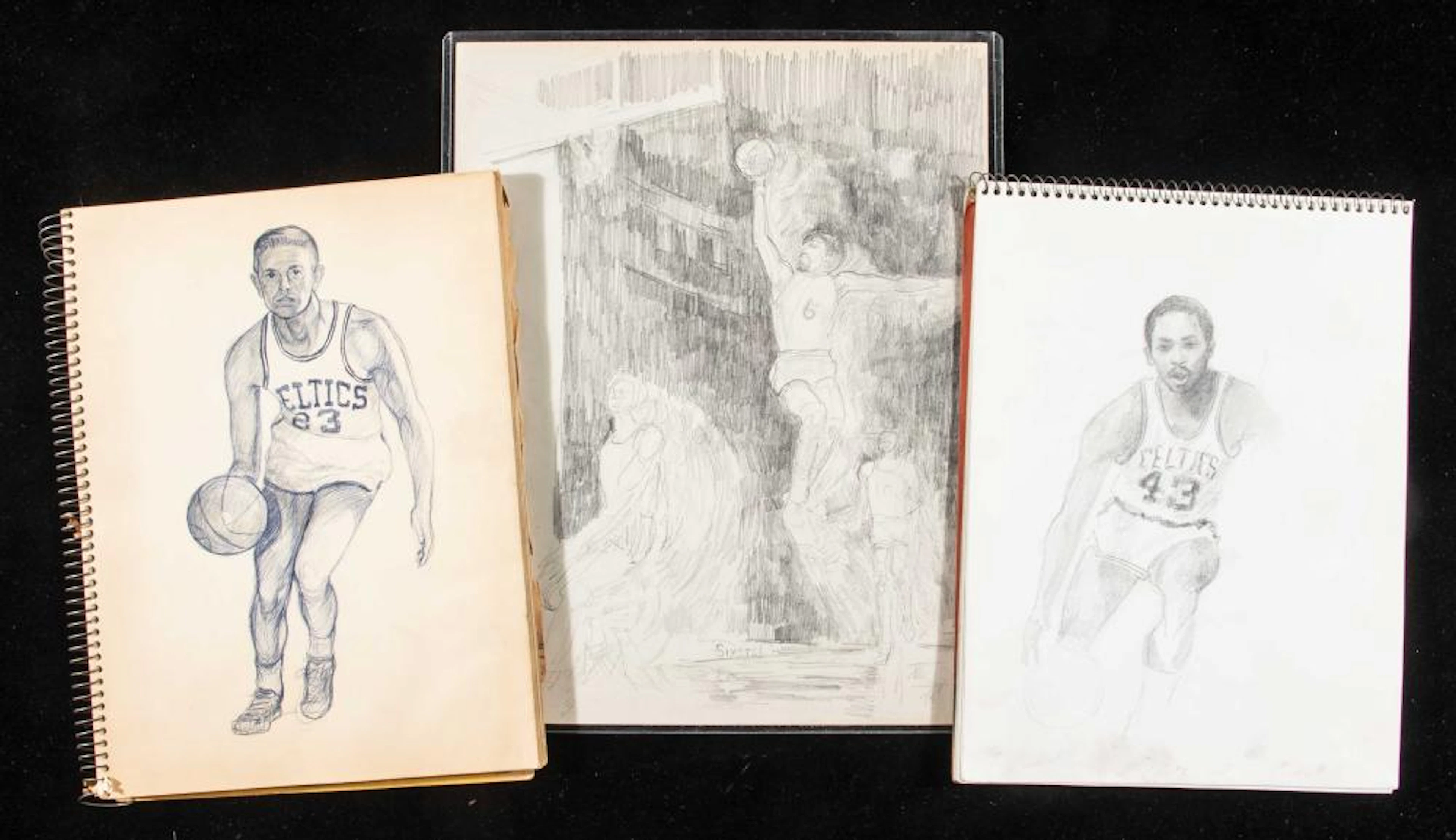 Tommy Heinsohn original Dr. J sketch with (2) of his personal sketchbooks.