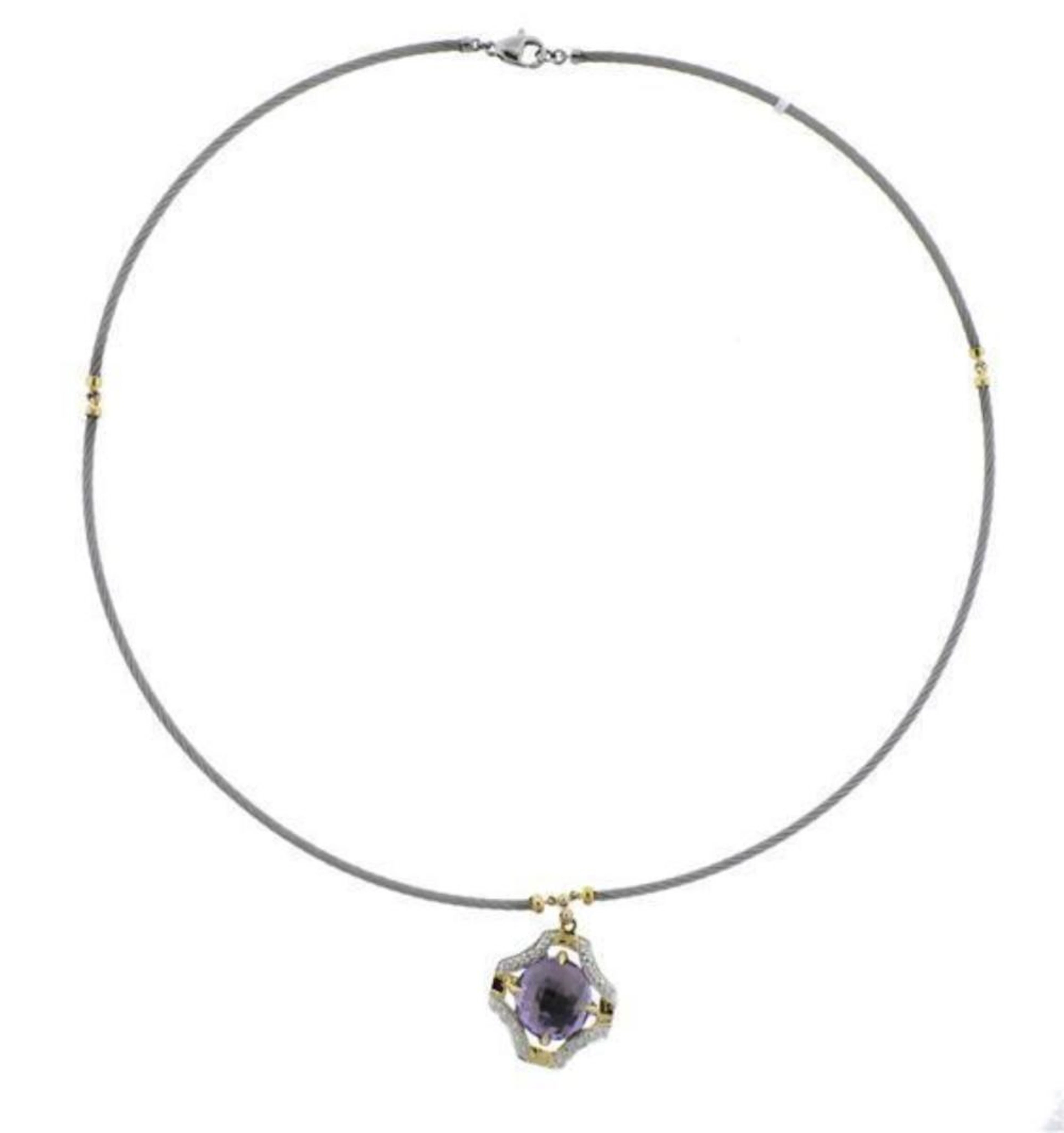 Charriol 18k Gold Steel Diamond Amethyst Pendant Necklace